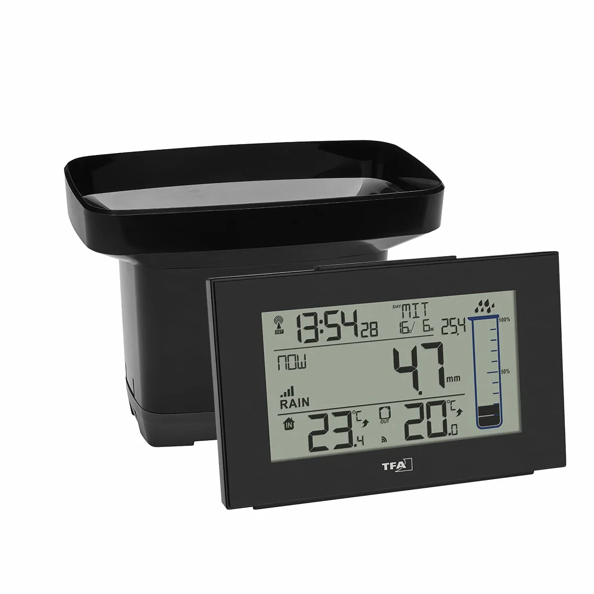 TFA Dostmann Splash 47.3006.01 - Pluviómetro Digital inalámbrico para jardín, con autodrenaje, Color Negro