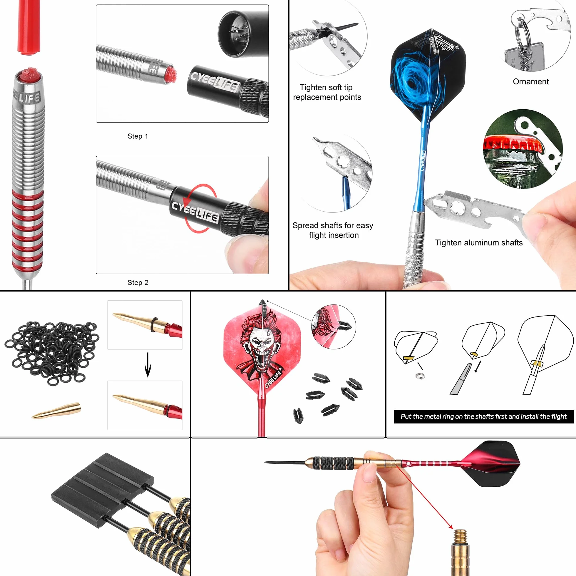 CyeeLife Juego de accesorios para dardos de 180 piezas con plumas, cañas, protector de punta, vuelo, contrapeso, afilador, herramienta de extracción