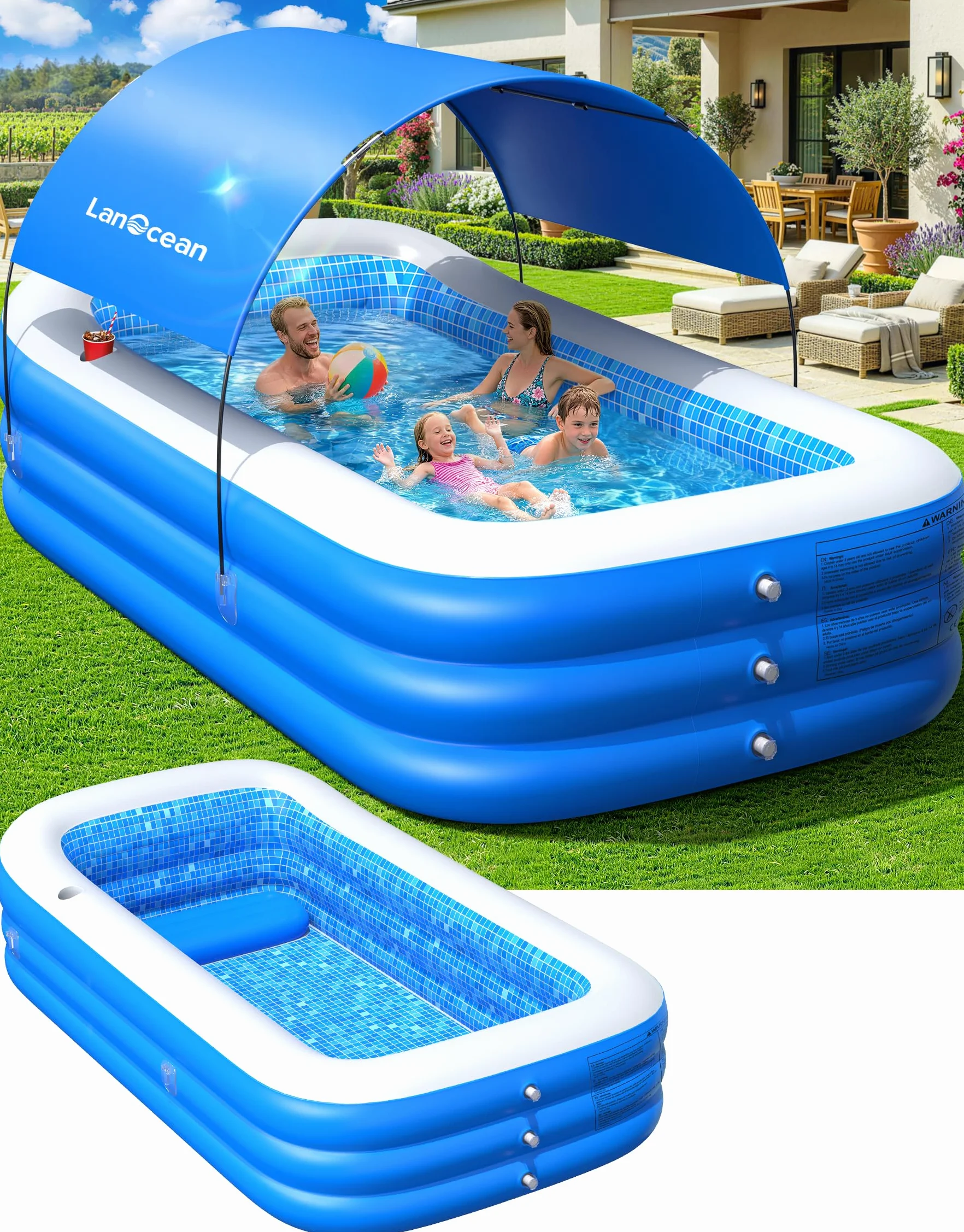 LanOcean Piscina Hinchable Adultos con Sombrilla, 280*160*50cm Piscinas Hinchables Grandes, 0,53mm Rectangular Piscina Hinchable infantil con Asiento y Portavasos, Piscinas Hinchables Familiar Jardin