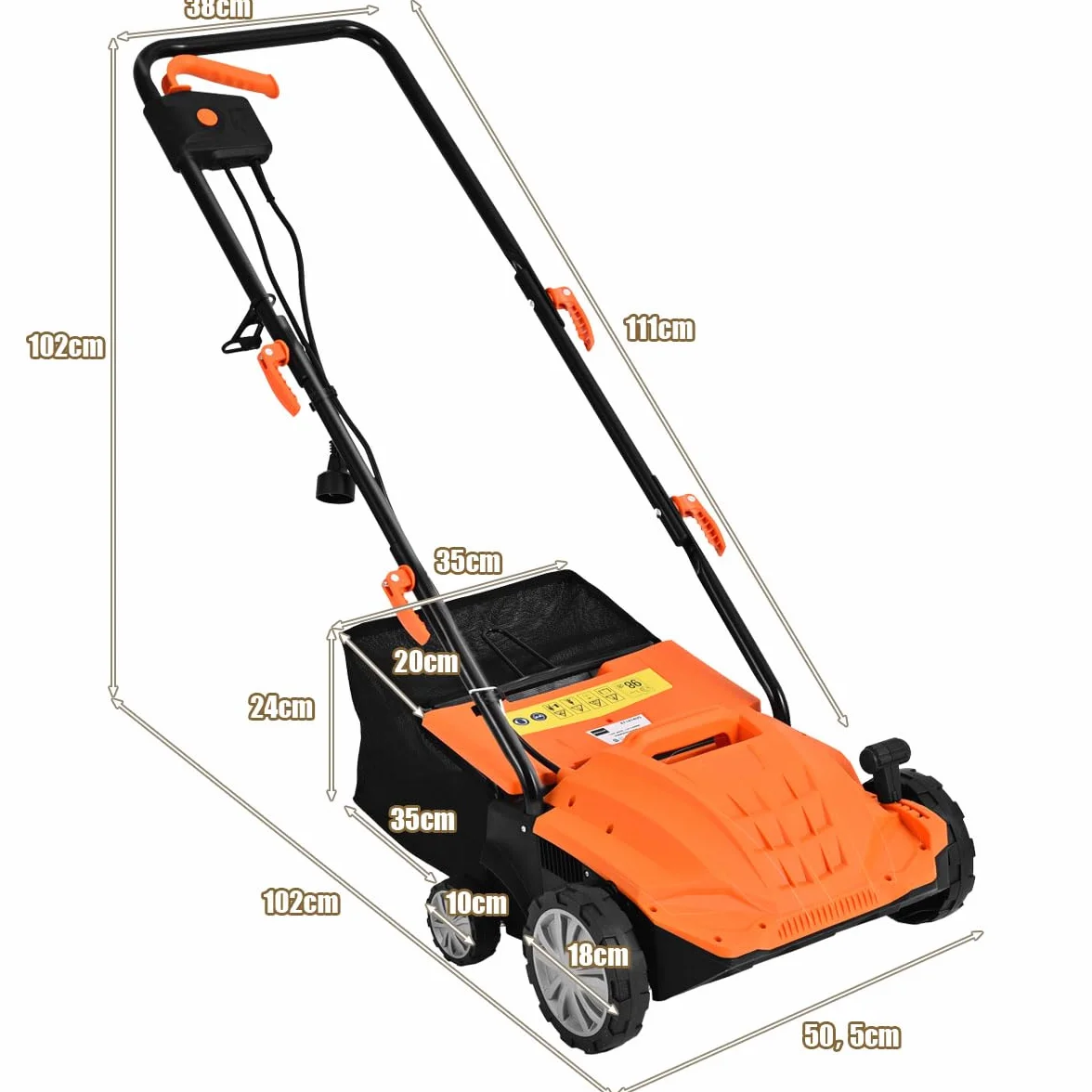 GOPLUS Escarificador Eléctrico 2 en 1, con Bolsa de Recogida de 30L/45L, Aireador de Césped con Altura Ajustable en 4 Niveles, 2 Cuchillas Extraíbles y Asa Plegable (30L,Naranja)