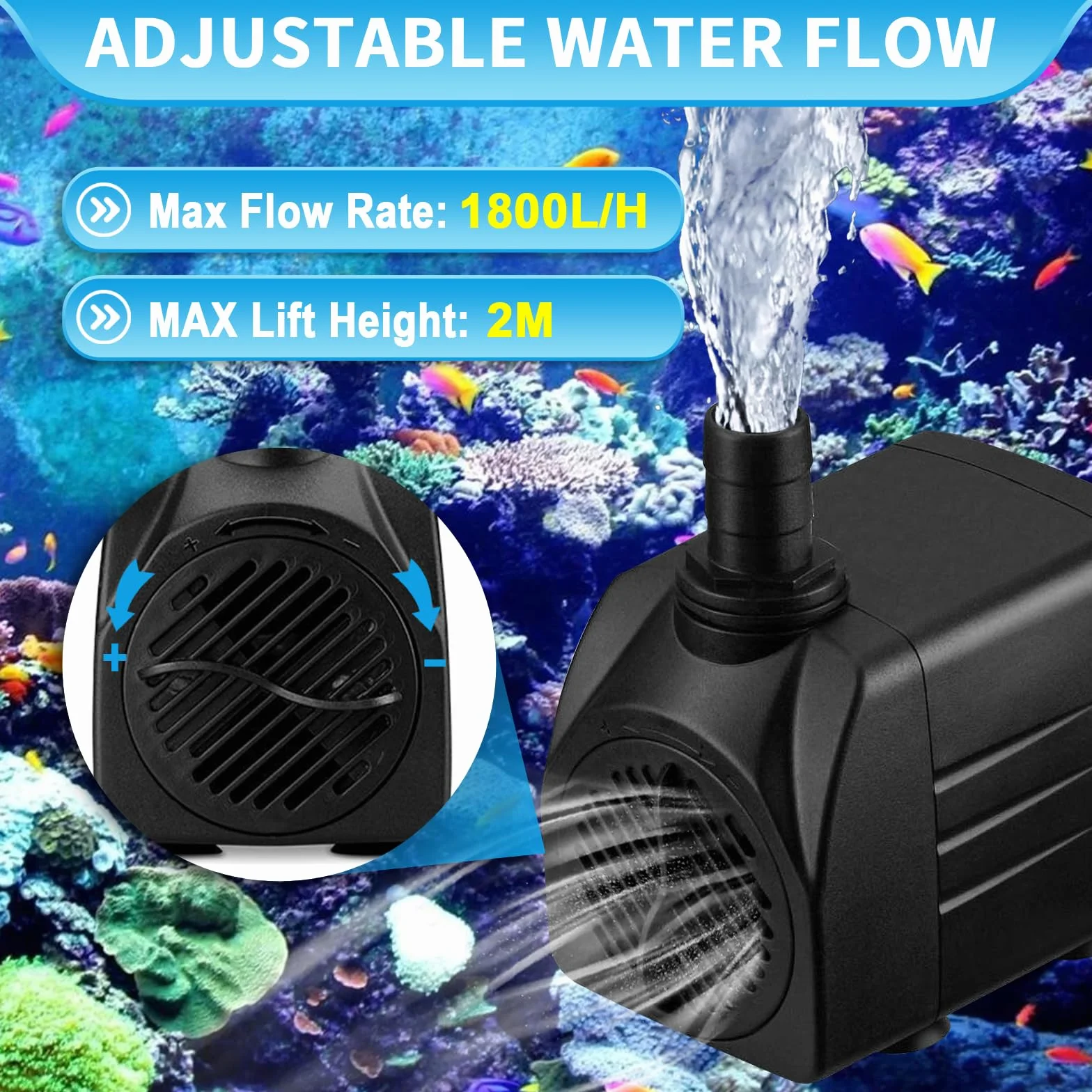 Bomba de Agua 25W 1800L/H 220V Mini Bomba de Acuario, Bomba Ajustable con 3 Boquilla y Cable de Alimentación, Bomba Sumergible Jardín Fuente de Estanque