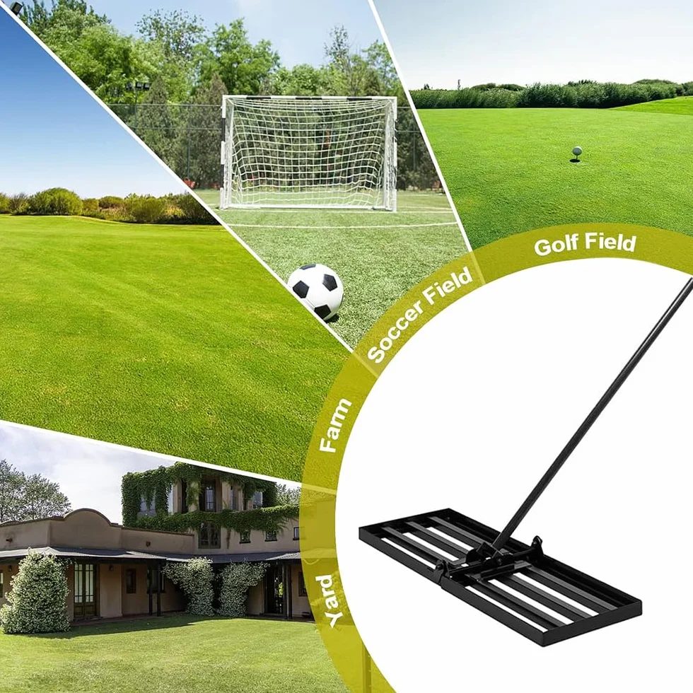 Rastrillo de nivelación de césped de 76 x 25 cm con tallo, rastrillo para nivelación de césped, placa plegable para césped, arena/tierra para campo de golf de jardín.