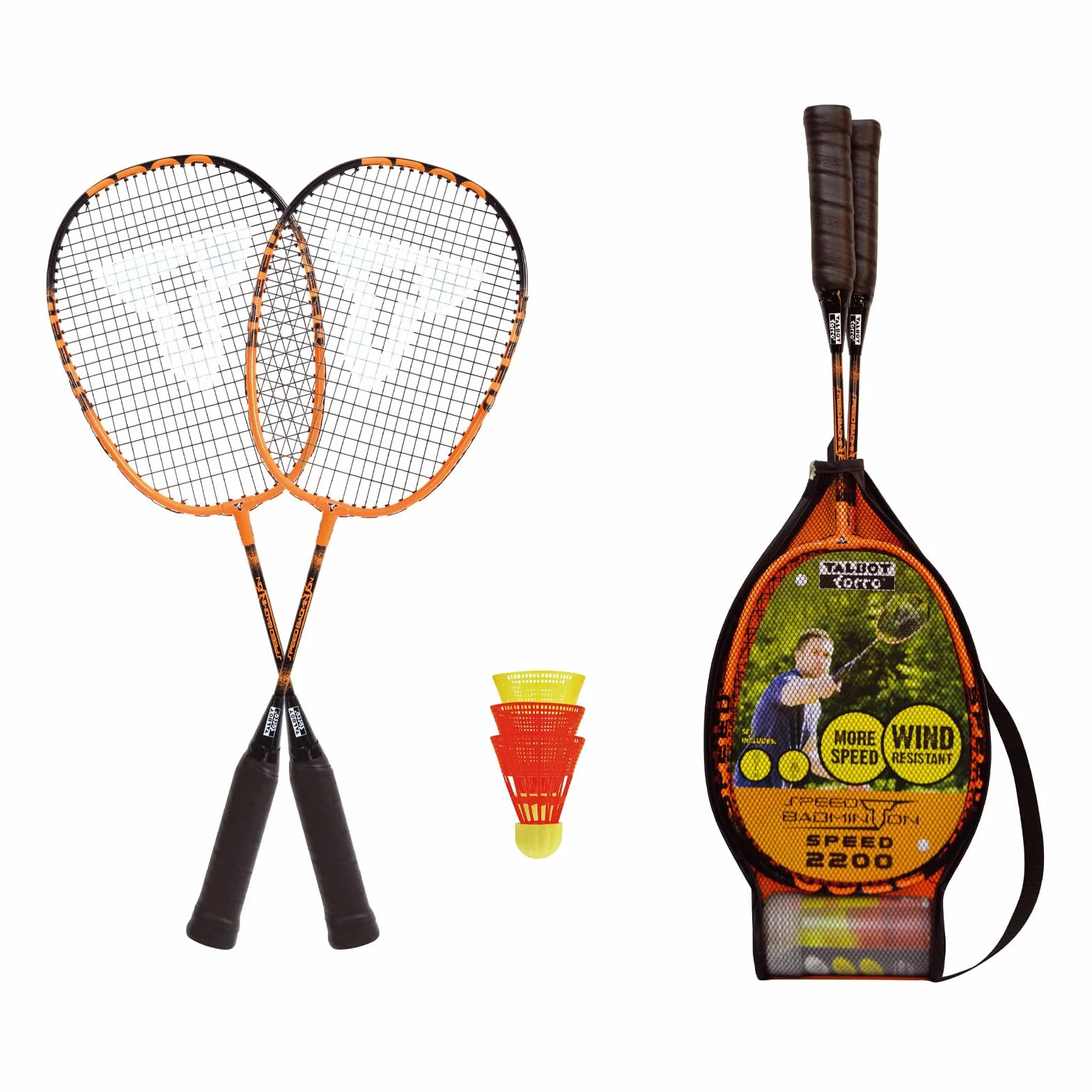 Talbot Torro Speedbadminton Set 2 Raquetas Aluminio 58,5 cm 3 Birdies Wind-Resistant Bolsa Malla