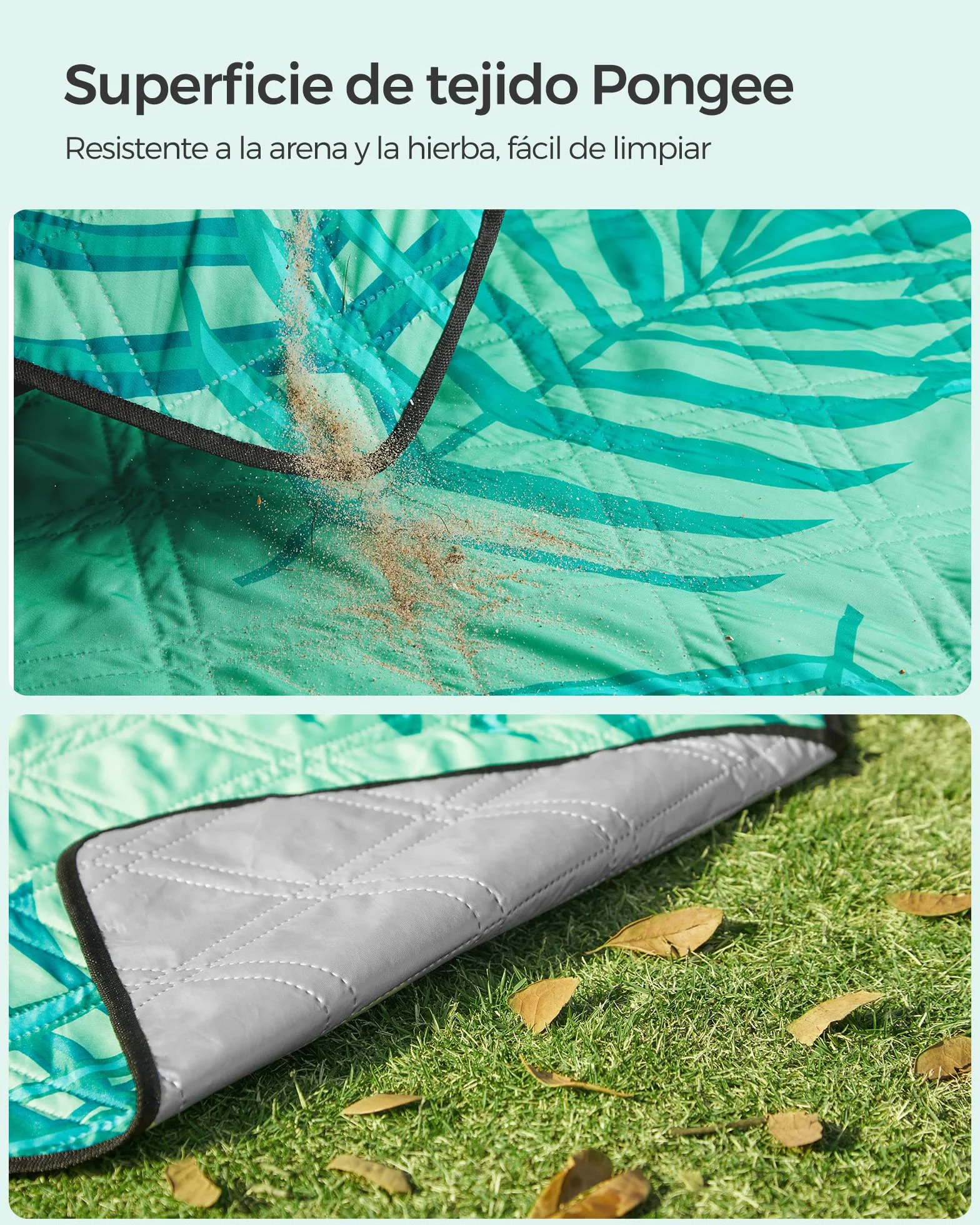 SONGMICS GCM001C02 - Manta de pícnic, 200 x 200 cm, Gran Alfombra, para Camping, Parque, jardín, Playa, Repelente al Agua, Lavable a máquina, Plegable, diseño de Helecho y Verde