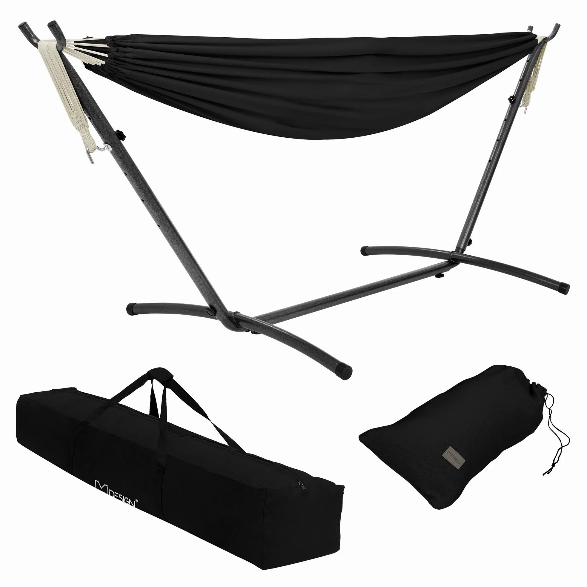ML-Design Hamaca Doble con Estructura de Acero Negro Espacio para 2 Personas Silla Colgante XXL con Soporte y Bolsa de Transporte Incluida Balancín de Interior y Exterior Adecuado para el Jardín