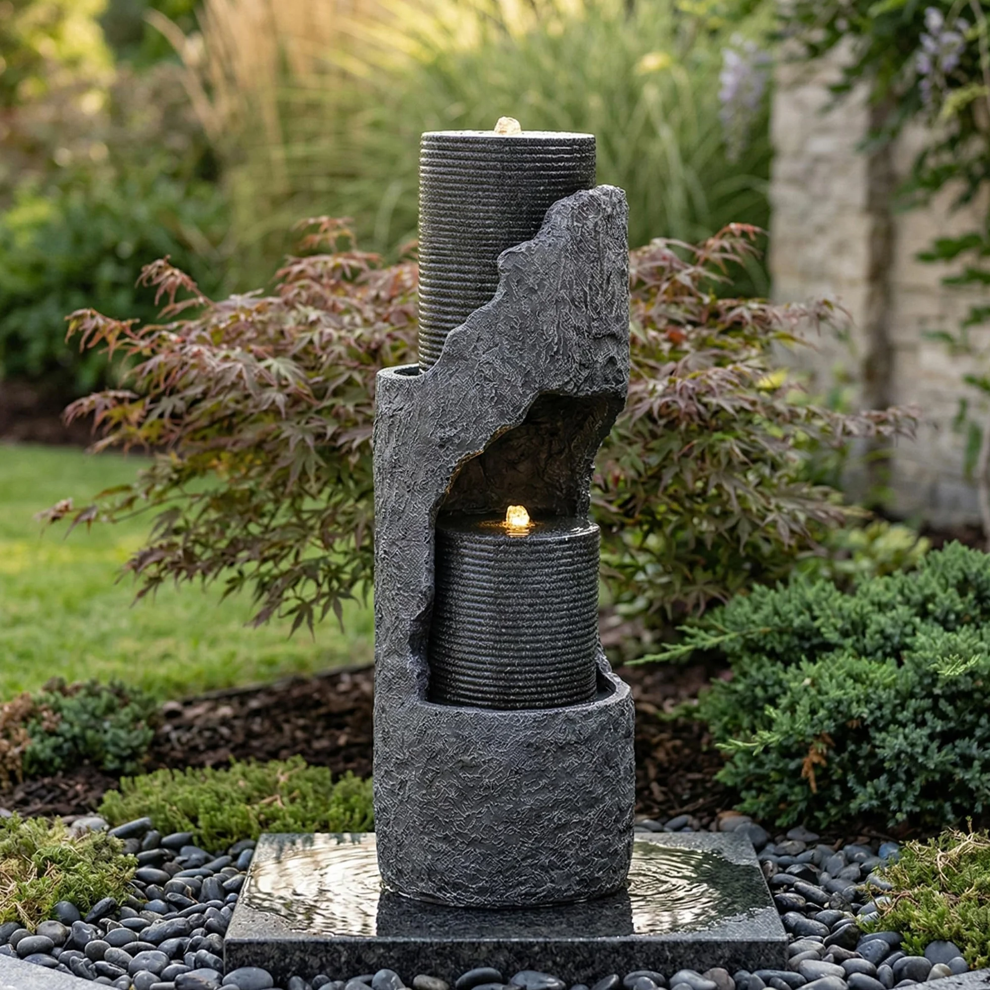 Fuente de Agua para Jardín y Exteriores, Fuente de Jardín con Iluminación LED, Cascada de 2 Niveles para Patio, Fuente Decorativa con Bombas, Decoración de Interior para Terraza (Gris)