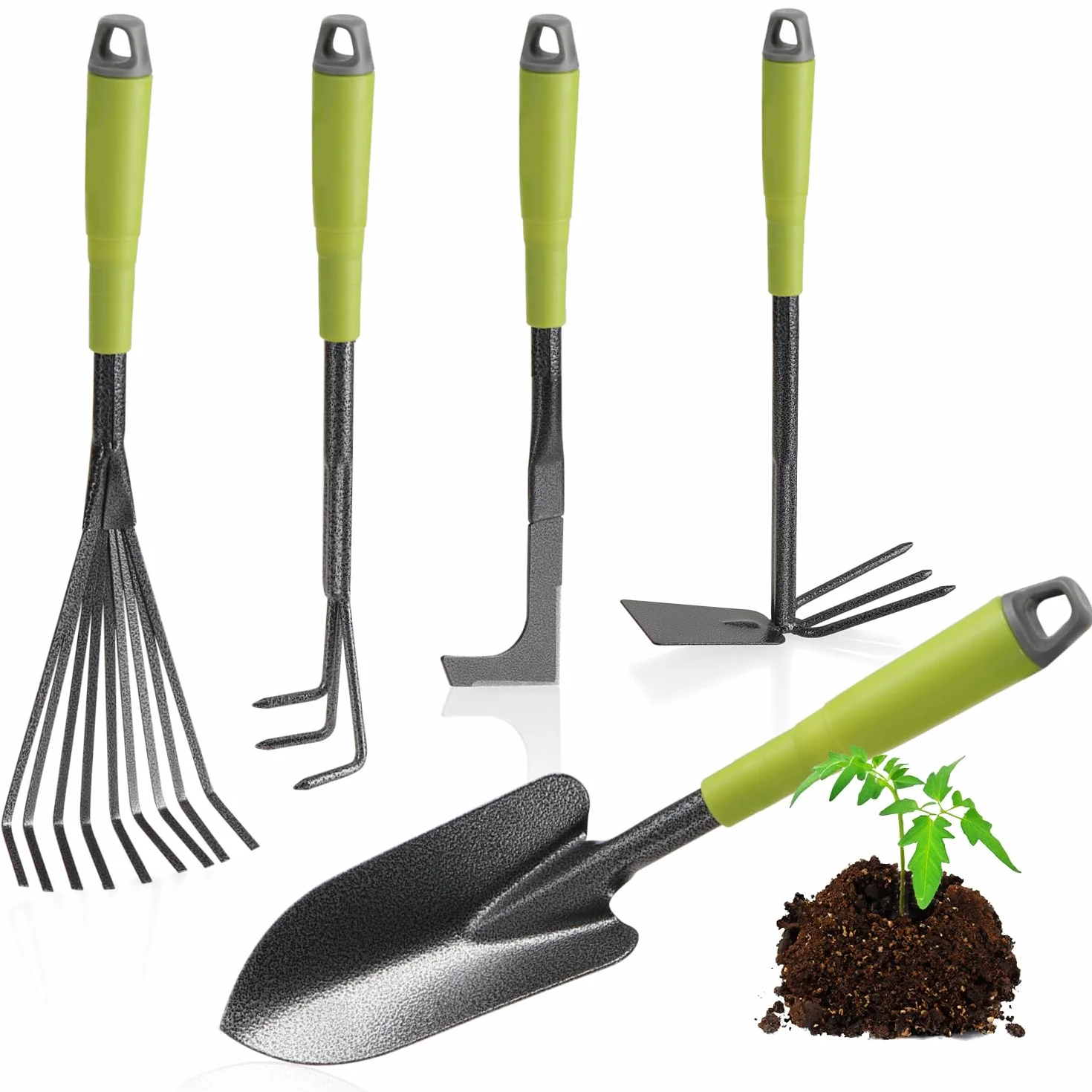 COM-FOUR® Juego de Herramientas de jardín de 5 Piezas - Juego de jardín con Azada Doble, cultivador pequeño, raspador para Juntas, rastrillo de Mano, Paleta de Flores