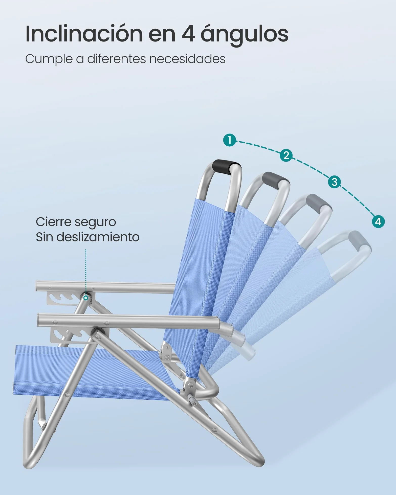 SONGMICS Silla de Playa, Plegable, Portátil, Respaldo Ajustable en 4 Niveles, con Reposabrazos, Transpirable y Cómoda, Taburete de Exterior, Azul GCB65BU