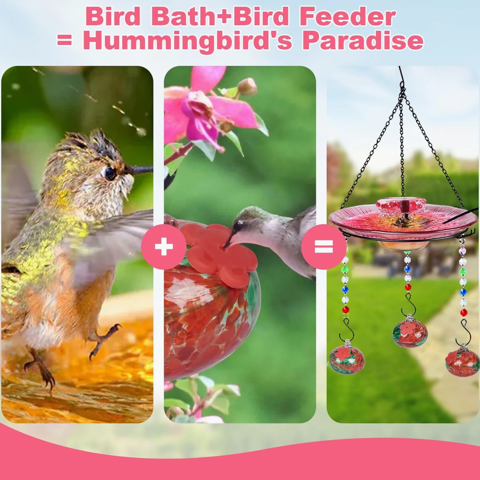 Headak Life Comedero de colibrí de vidrio soplado a mano para exteriores y baño de pájaros, 2 en 1 para pájaros pequeños, comedero colgante para colibríes, baño para pájaros para exteriores con bomba