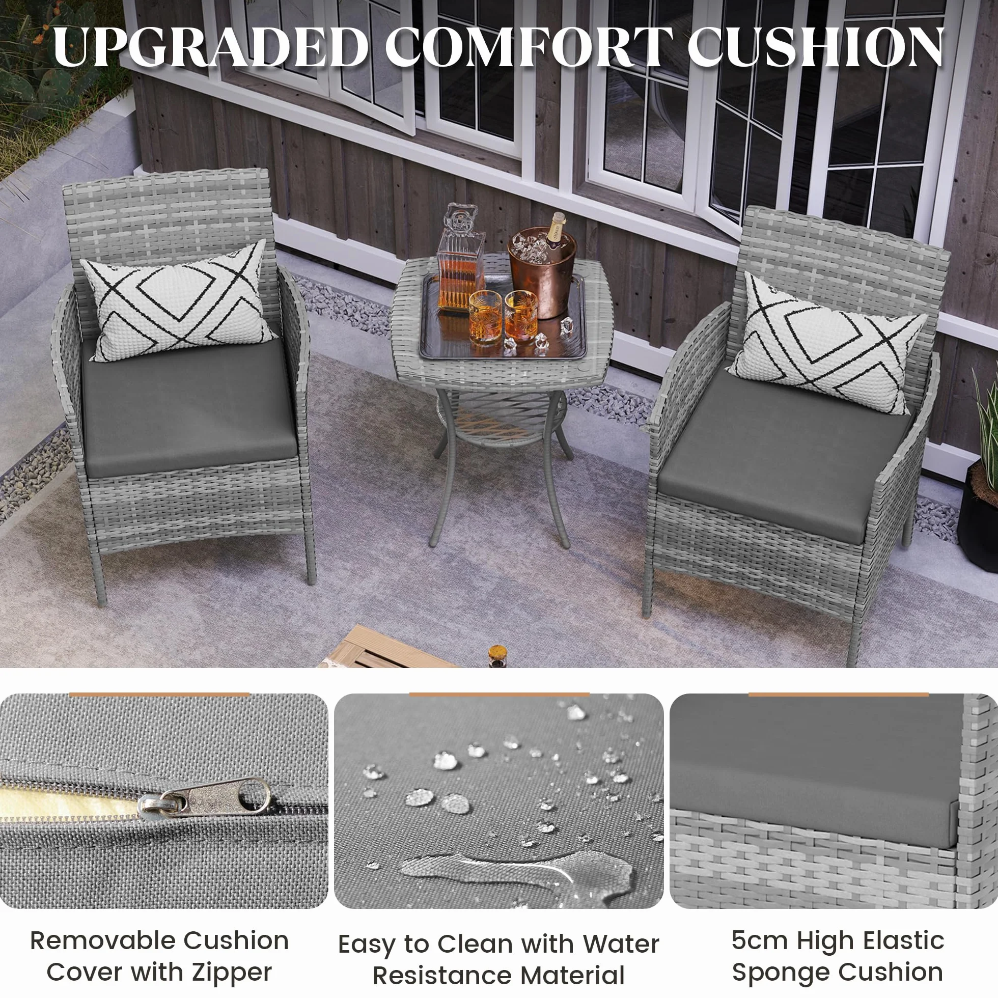 Amopatio Conjunto Muebles Jardín Ratán 3 Piezas, 2 Sillones con Cojines y Mesa de Centro, Sofá Exterior Terraza con Vidrio Templado, para Terraza, Patio y Balcón Colores: Gris