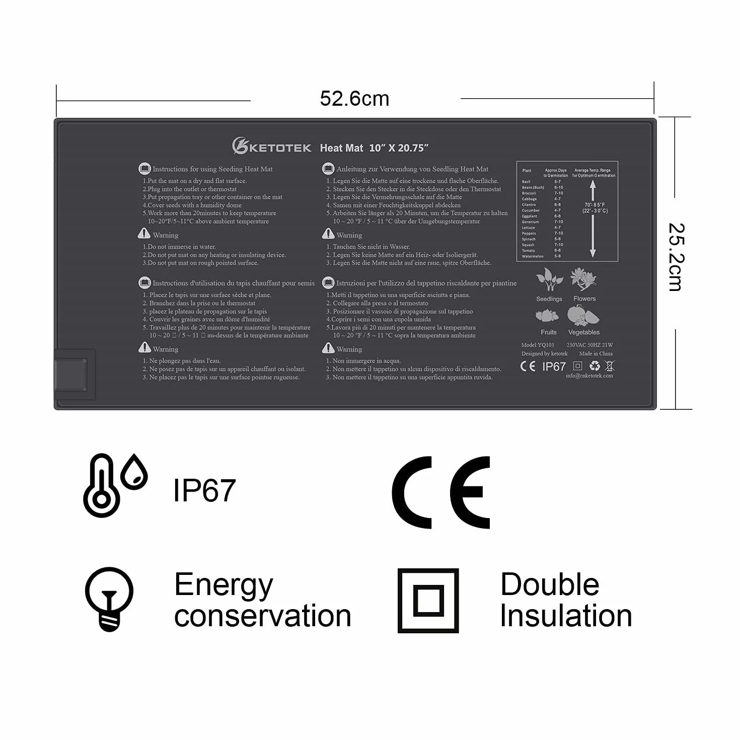 KETOTEK Manta Termica Semillas Plantas 220V Alfombra Termica Manta Calefactora para Semilleros Germinación Invernadero Impermeable 230V 21W