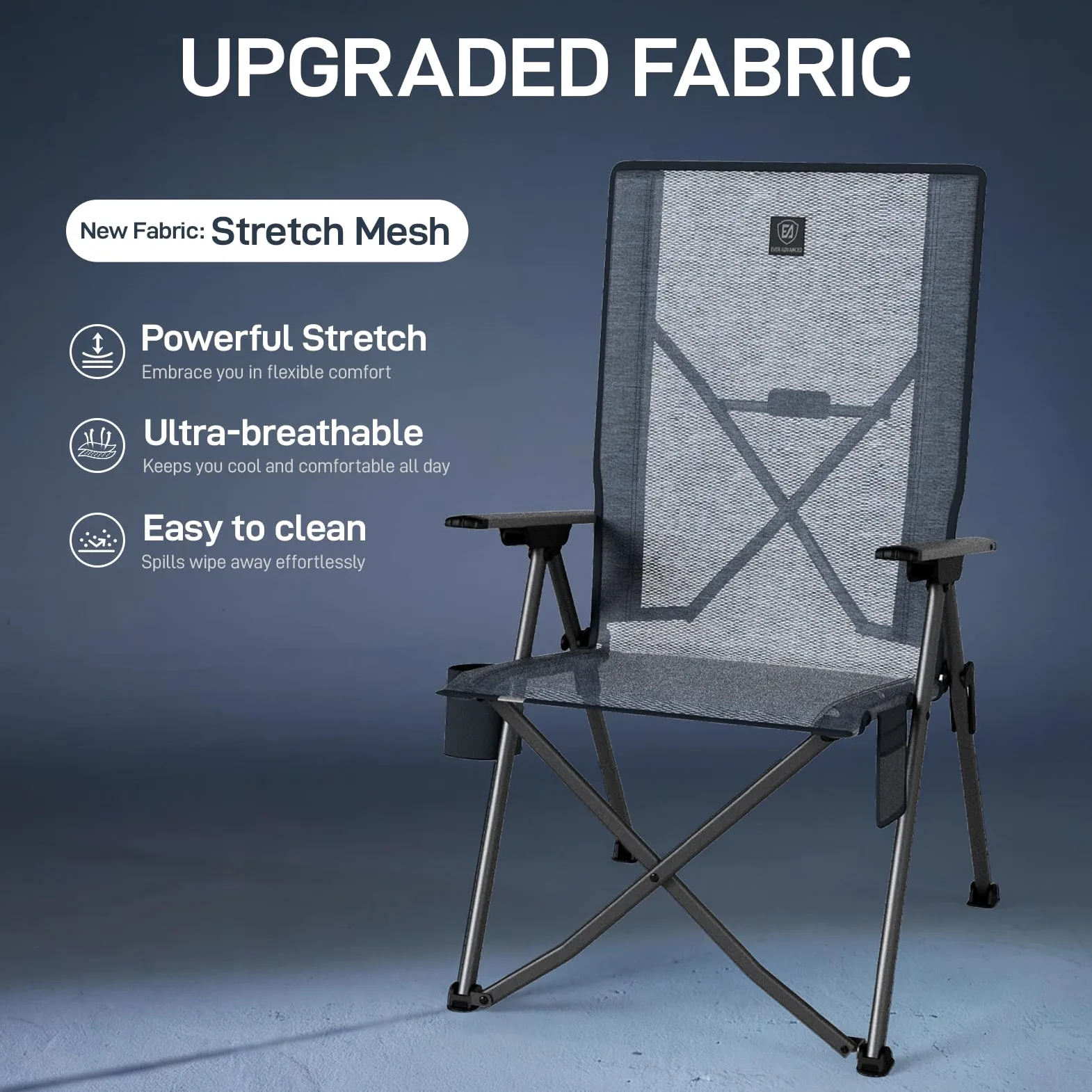 EVER ADVANCED Silla de Camping Plegable con Respaldo Ajustable en 4 Posiciones, Respaldo Alto hasta 160 kg, Silla de jardín de Malla con Bolsillo Lateral, Soporte para Bebidas, Silla de Pesca