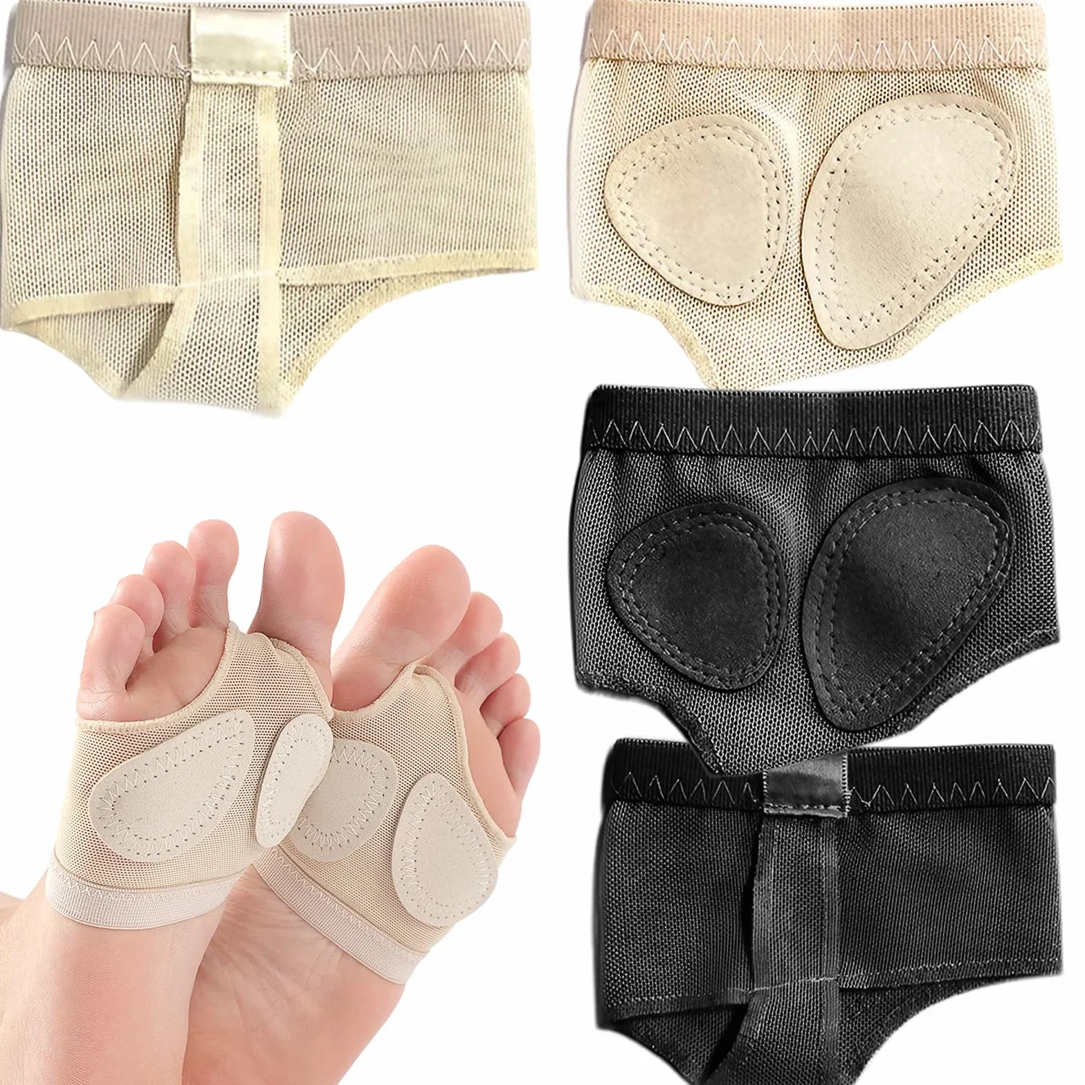 Protección Pies Baile, 2 Pares Tangas de Pie de Ballet, Almohadilla Protectora para Gimnasia (Negro y Tono de Piel)