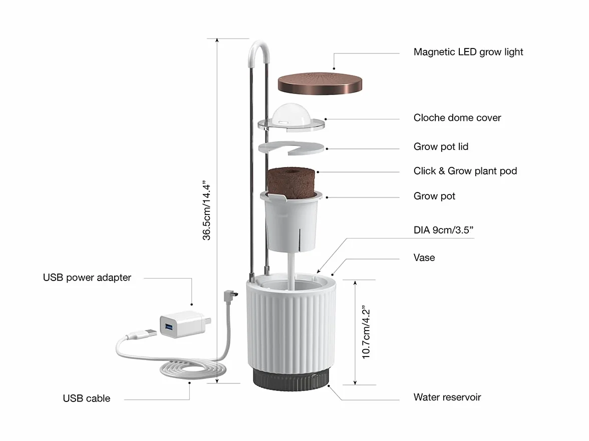 Mini Huerto Inteligente con Cápsulas de Petunia Click & Grow, Hydrovase Smart Garden, Kit de Cultivo Interior con Luz de Crecimiento LED y Autorriego