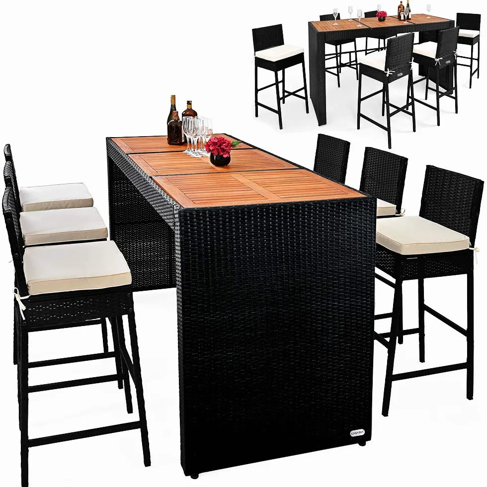 CASARIA Set de Mesa Alta y 6 Taburetes de Bar con Cojines de Asiento de Madera de Acacia Poliratán Negro Muebles de jardín