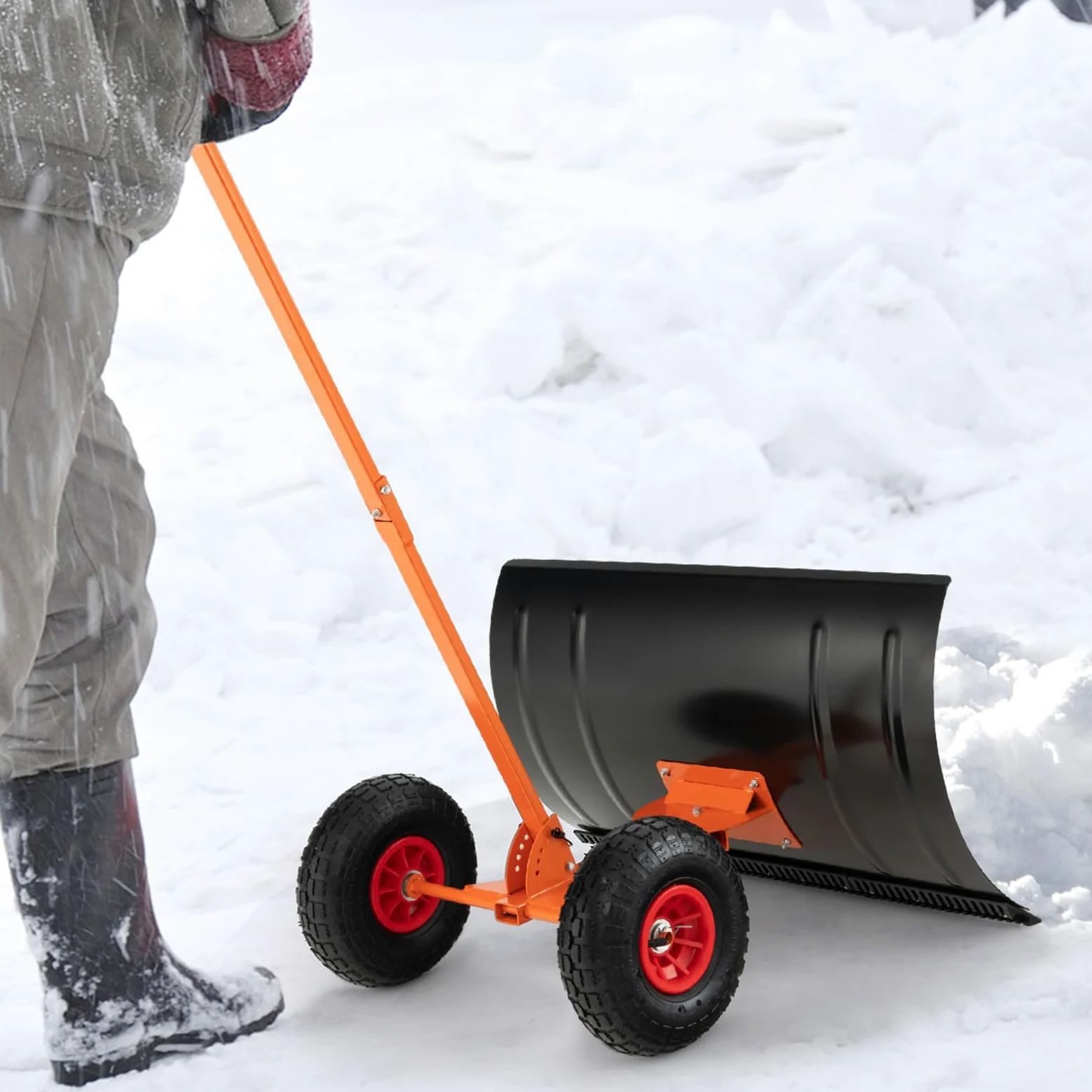 Pala quitanieves para entrada de vehículos, quitanieves de metal de 29'' con ruedas de goma de 10'' y mango ergonómico de ángulo ajustable, herramienta quitanieves rodante para entrada de vehículos
