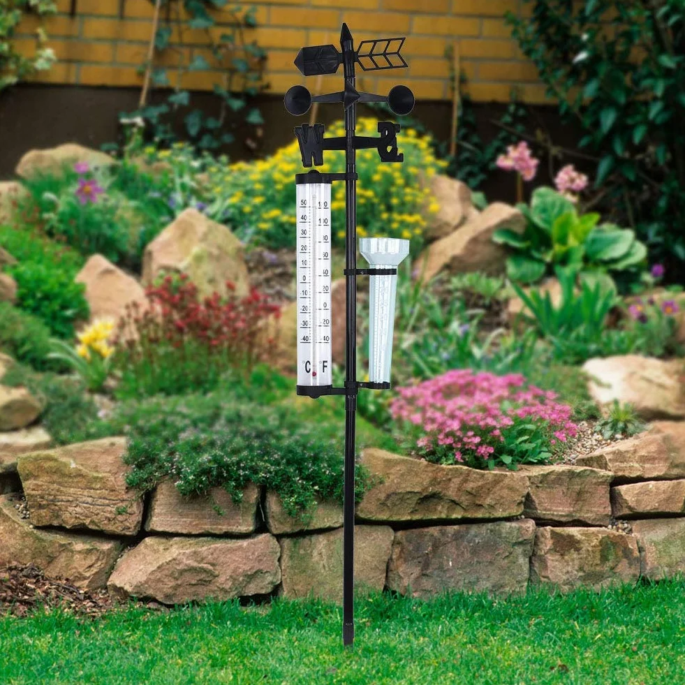 Yosoo Health Gear Medidor de Lluvia, Estación Meteorológica 3 en 1, Medidor de Lluvia, Termómetro para Jardín Al Aire Libre, Indicador de Viento, Medidor de Agua de Lluvia, Medidor de Medición