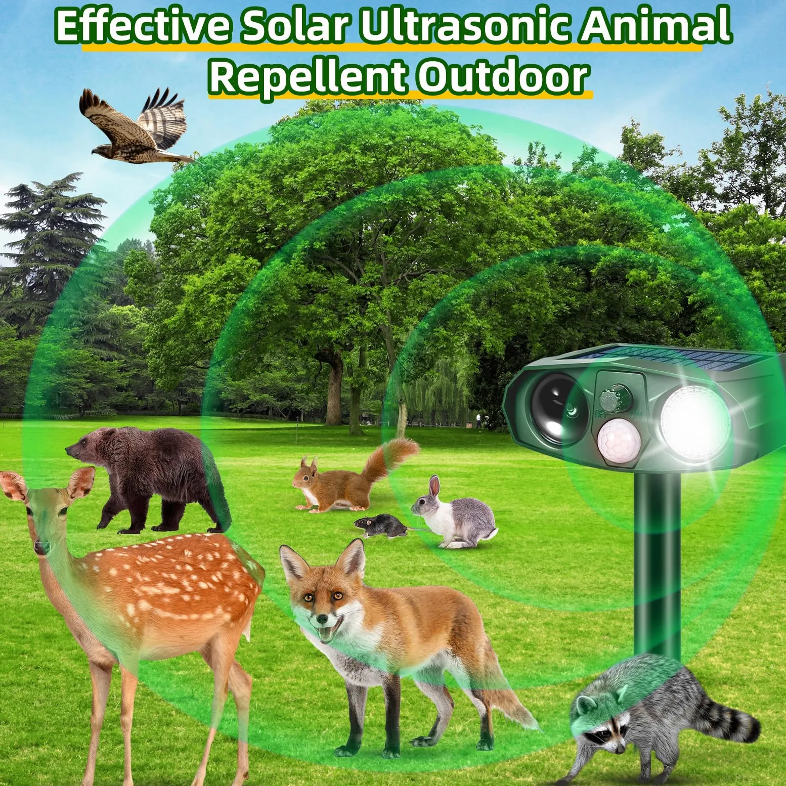 Paquete de 4 repelentes solares ultrasónicos de animales para exteriores, dispositivos disuasorios de ciervos con sensor de movimiento, repelente solar de ganso