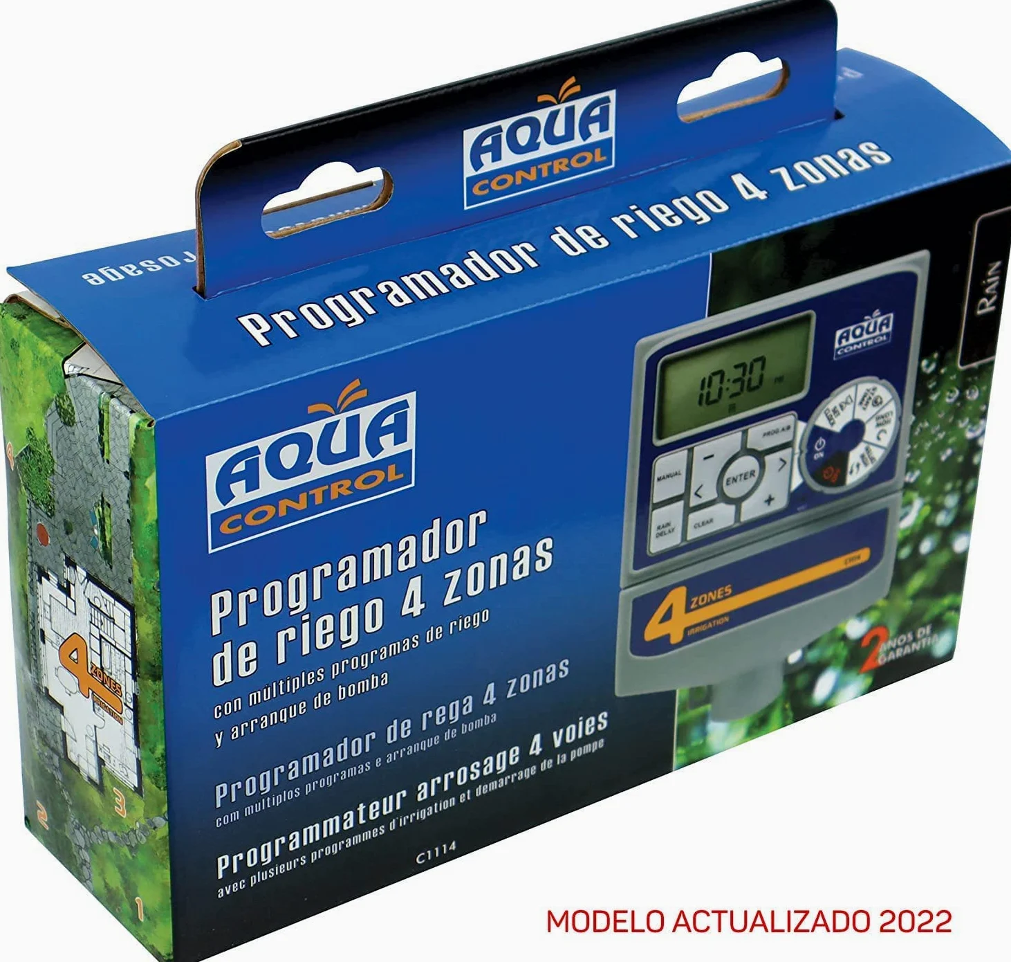 Aqua Control C1114 Programador de Riego Automático para Jardín con Transformador y Pantalla LCD, 4 Zonas