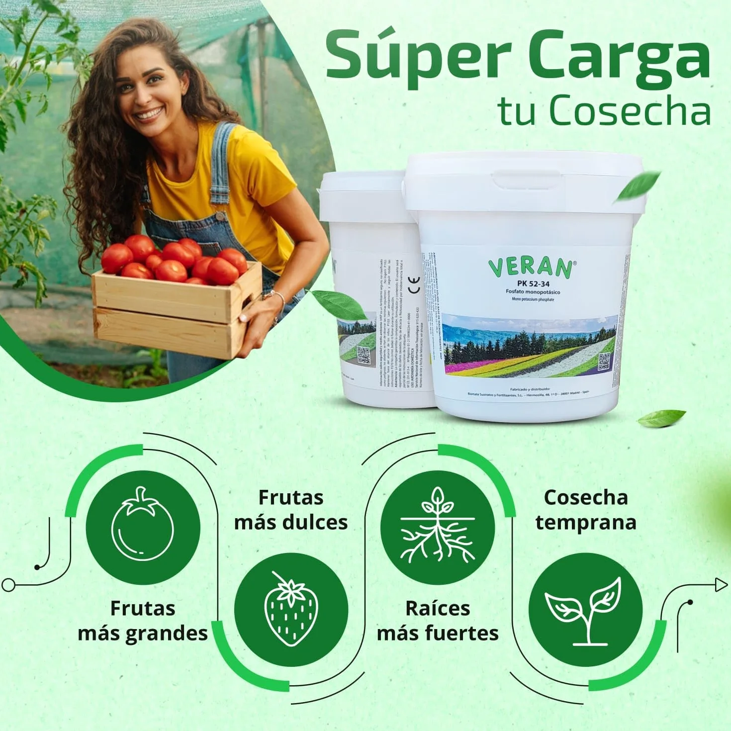 VERAN | Fertilizante Plantas de Flor, Citricos y Huerto PK52-34 | 1KG | Estimula el Crecimiento y el Florecimiento | Hidrosoluble Cristalino Monopotasico + Fosforo | Abono de Fosforo y Potasio