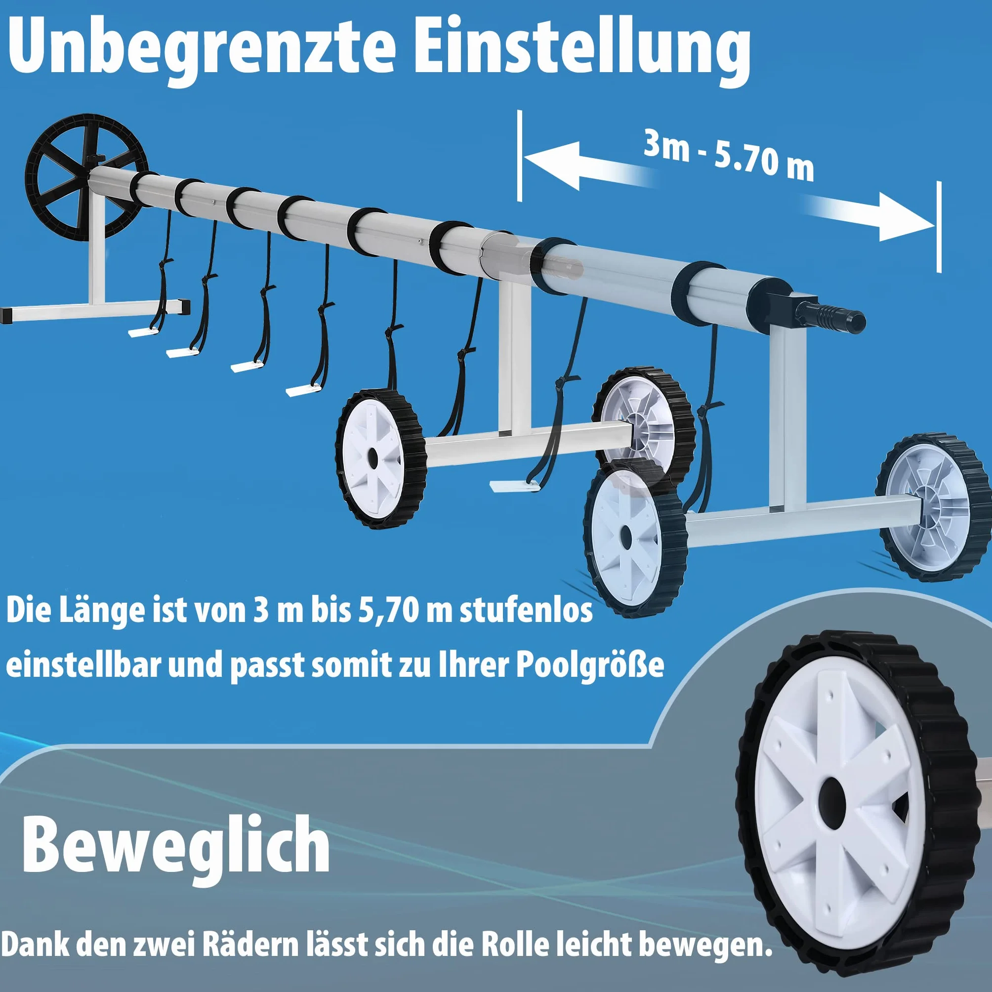 YUENFONG Sistema Enrollable móvil de Acero Inoxidable para Lona Solar, Lonas de Piscina, Enrollable móvil Ajustable, con Ruedas y Correas, Material Resistente a la Intemperie (3m-5,70m)