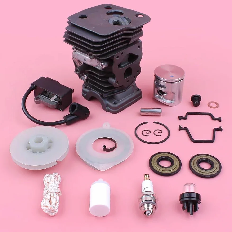 Kit de pistón de bobina de encendido de cilindro, for pieza de motosierra Husqvarna 445 445E, polea de arranque de retroceso, sello de aceite de resorte, bombilla de cebado de 42mm Kits de pist