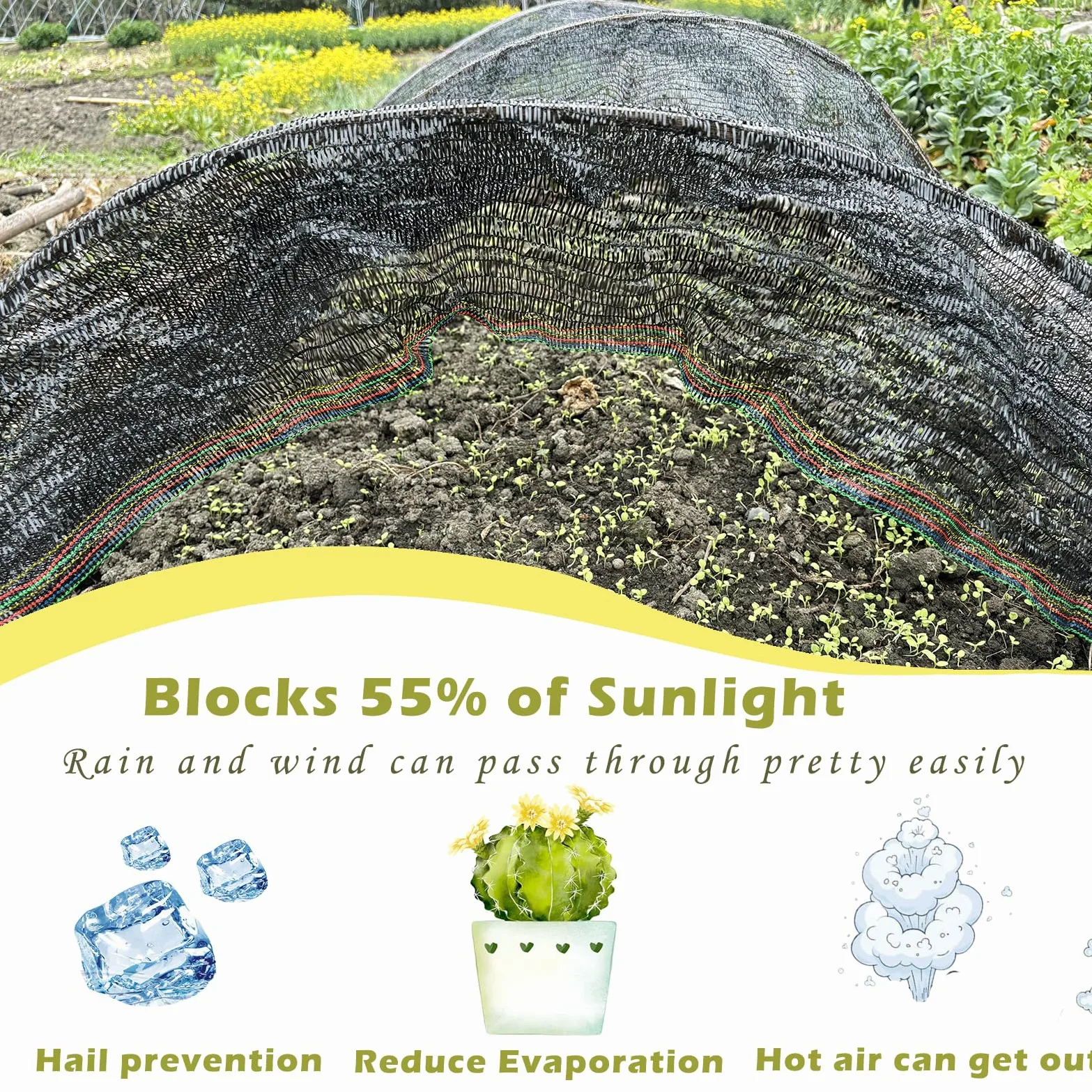 Tela de sombra al 55 % para jardín, malla de bloqueo solar, resistente a los rayos UV, para verduras, flores, invernadero, cama elevada, cubierta de sombra para plantas del sol, negro (6 x 50