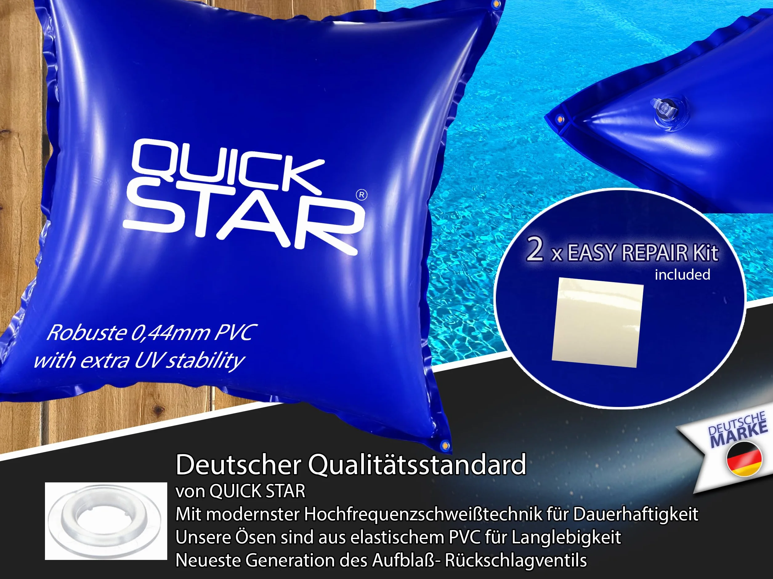QUICK STAR Cojín de piscina de 200 x 400 cm, color azul, cojín de aire para piscina de invierno, 4 cuerdas y kit de reparación, cojín de invierno