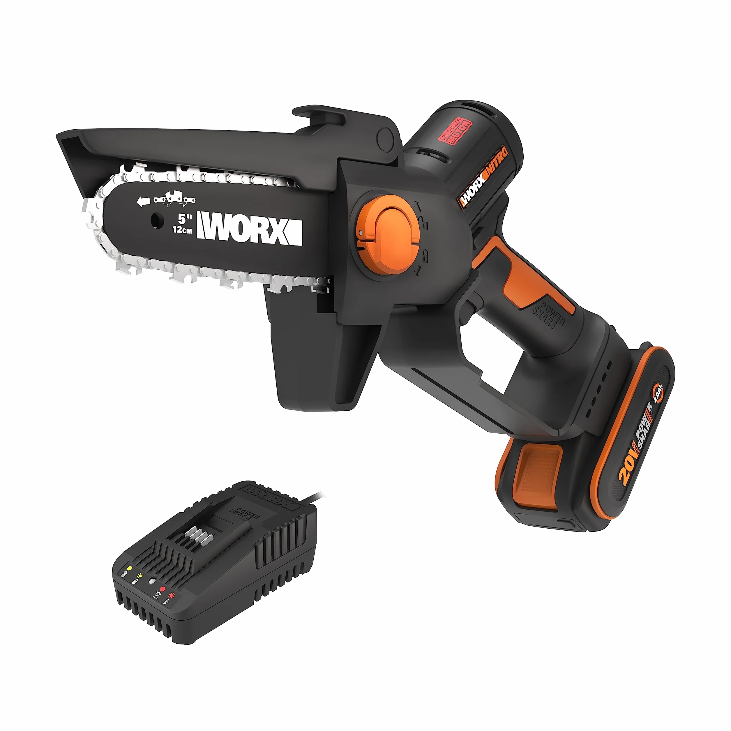 WORX WG325E Mini motosierra 20V 2Ah, con batería y cargador, una mano, motor brushless, espada 12cm, lubircación automática, para jardinería y poda