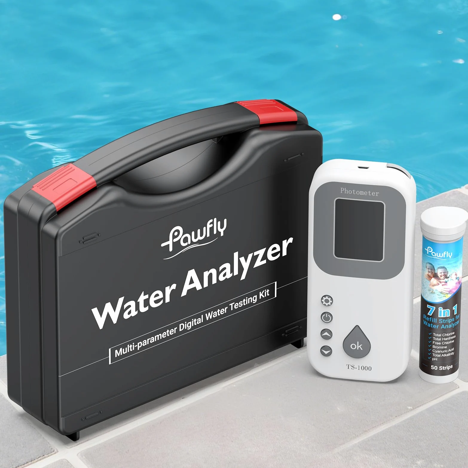 Pawfly Kit Digital de Análisis de Agua 7 en 1, 50 Tiras para Spa, Analizador Digital para Piscinas pH Dureza Total Cloro Total Cloro Libre Alcalinidad Total Ácido Cianúrico y Bromo