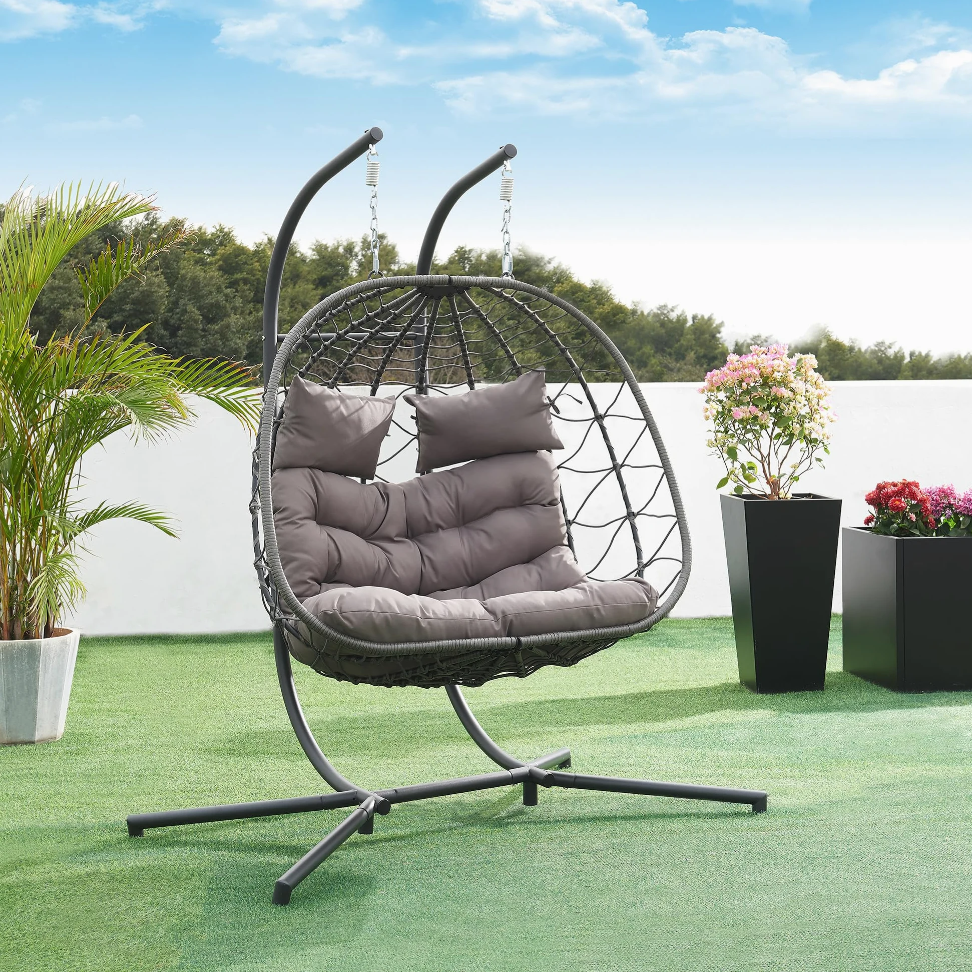 [en.casa] Balancín Jardín Exterior Skense de 2 Plazas con Soporte y Cojines - Silla Colgante con Hamaca Sillón Cesta de Polyrattan Interior/Exterior máx. 220 kg Acero Poliéster 198x156x98 cm Gris