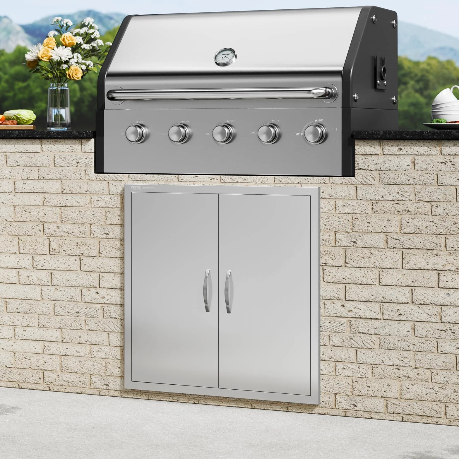 VEVOR Puerta de Acceso a Barbacoa 790 x 790 x 46 mm Puerta de Cocina Exterior Doble Puerta Empotrada de Acero Inoxidable con Manija para Isla de Barbacoa, Estación de Parrilla, Armario Exterior