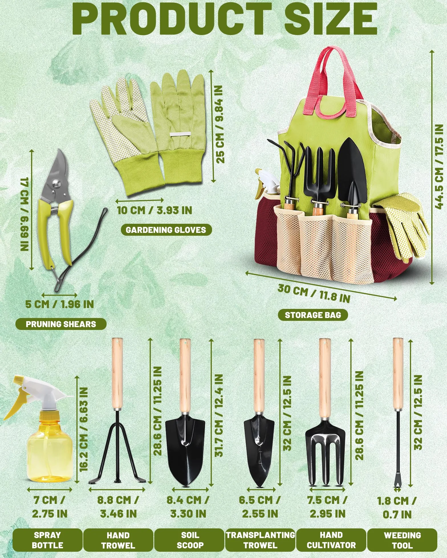 Juego de Herramientas para Jardín 9PC Kit Jardineria，Juego de Herramientas Jardinería de Acero Inoxidable，de Jardín, Tijeras Podar, Pala Jardinería, Guantes, Paleta y Rastrillo de Mano etc