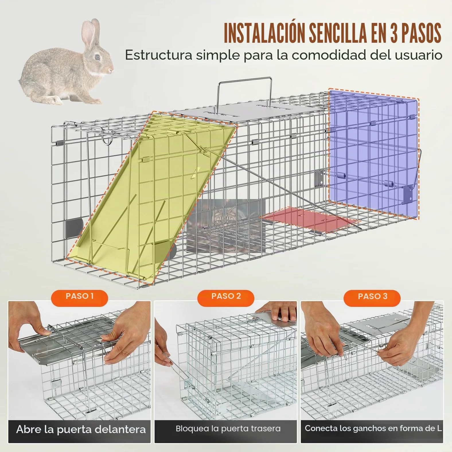 VEVOR Trampa para Animales 610x203x203 mm Jaula Plegable para Trampa para Gatos Alambre Galvanizado sin Crueldad con Asa Trampa para Conejos, Gatos Callejeros, Ardillas, Mapaches, Marmotas, Zarigüeyas