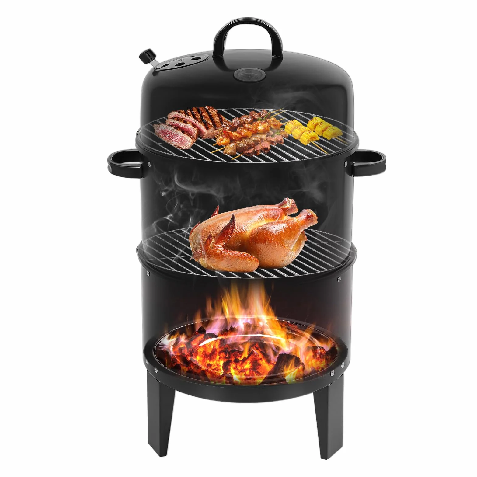 ahumadero 3 en 1, ahumadero, barbacoa de carbón de madera, ahumadero con tapa y termómetro, cuenco de agua para cocinar al vapor, 2 capas de 84 cm, con bandeja de carbón y parrilla de ceniza