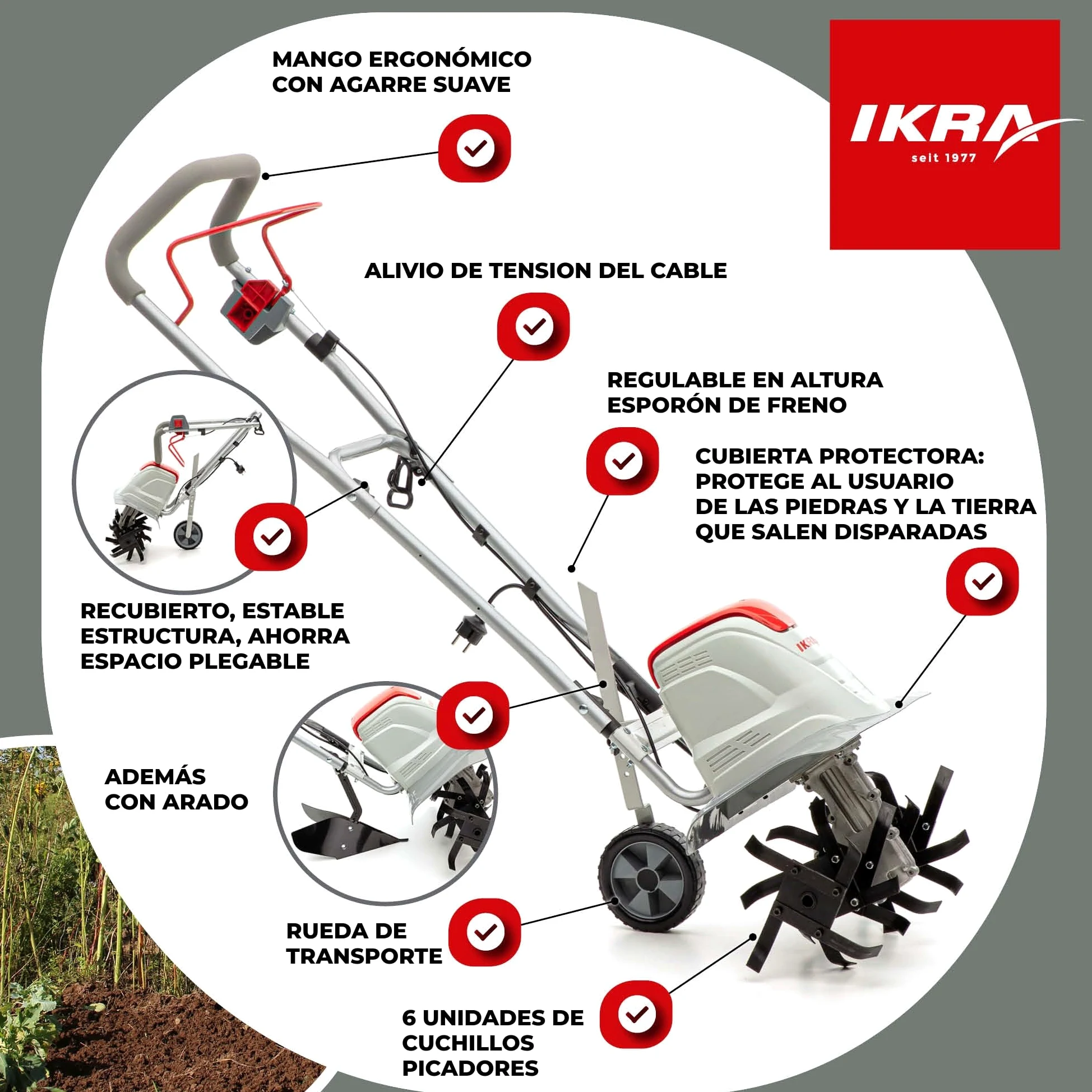 IKRA motoazada eléctrica motocultor cultivador Fem 1500, Ancho útil 17-45cm, 1500W, Incl. arado aporcador
