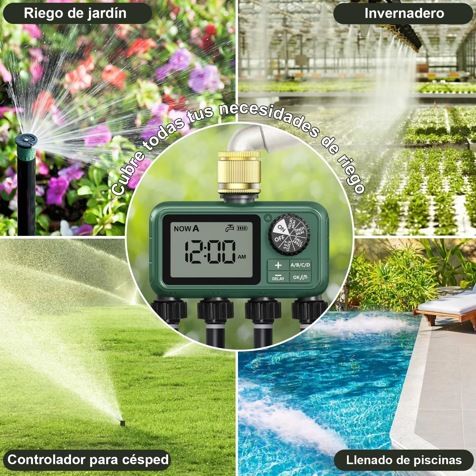 Programador Riego 3 Salidas con Entrada de Latón, Pantalla LCD Grande, Temporizador de Riego Automatico con Retraso por Lluvia, Riego Automático/Manual, Programador de Riego para Jardín Césped
