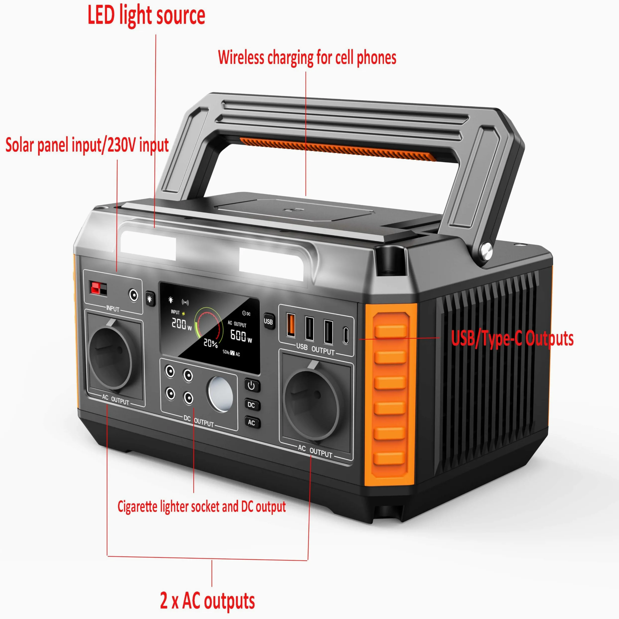 Generador Solar Portable Power Station 520WH 600W con Salida De Onda Senoidal Pura AC/DC Generador De Almacenamiento De Energía De Emergencia para Camping Batería 140400 Mah