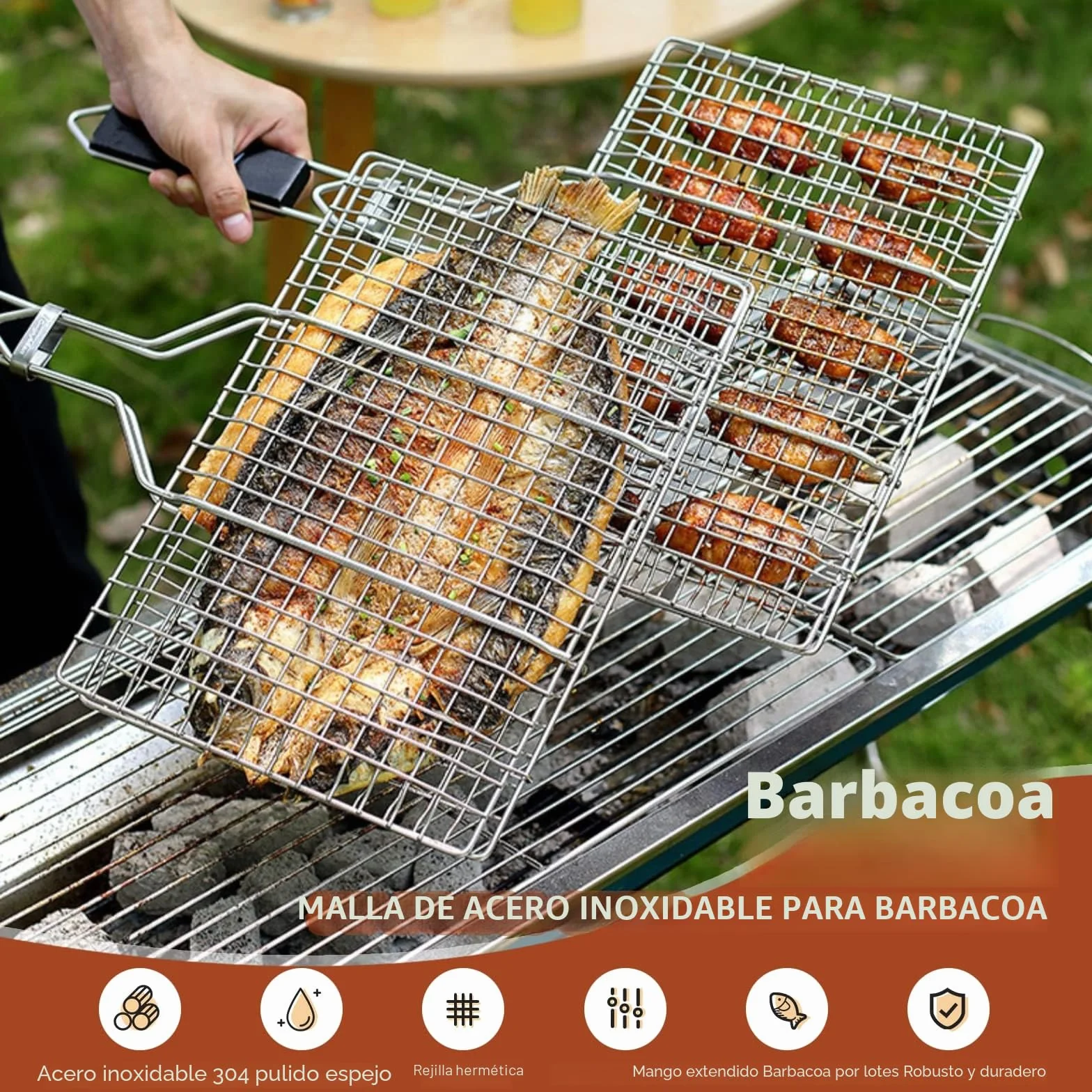 Cesta para Asar Pescado y Verduras - Bandeja de Barbacoa de Acero Inoxidable, Plegable, Portátil - Con Bolsa Oxford y 2 Cepillos de Silicona