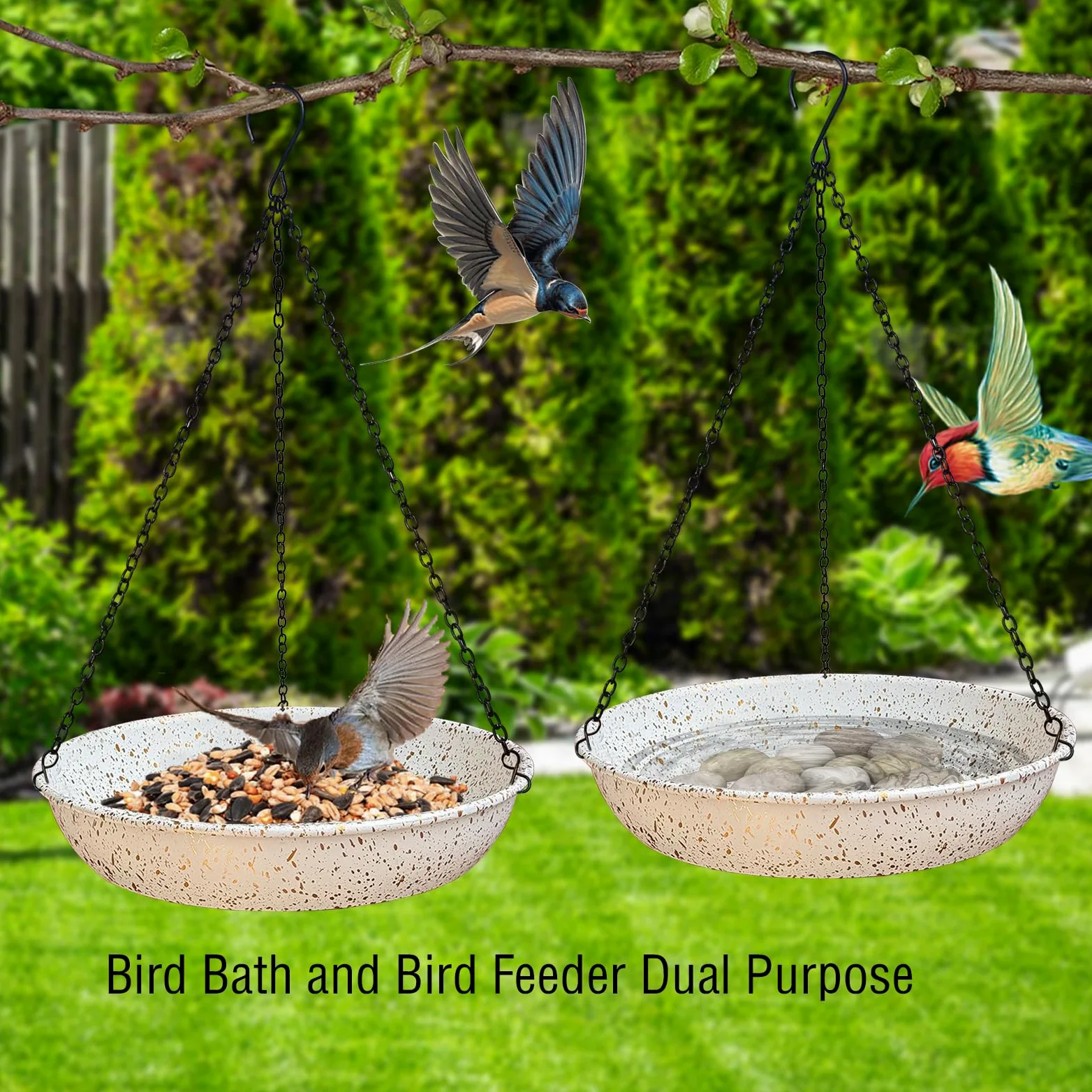 Baños colgantes para pájaros, comedero colgante para pájaros para exteriores, comedero de metal para pájaros silvestres de 11 pulgadas con cadenas negras para decoración de jardín y patio