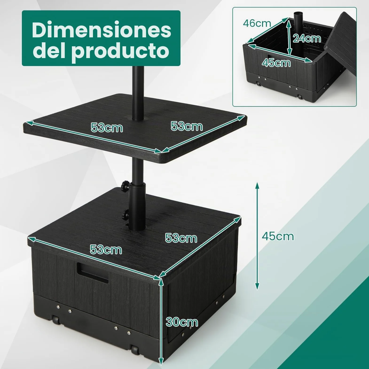 RELAX4LIFE 3 en 1 Soporte para Sombrilla Rellenable con Ruedas y Mesa Auxiliar, Base Sombrilla HDPE con Asas y Bolsa de Peso para Postes de Sombrilla 38/48 mm para Terraza/Piscina/Jardín (Negro)