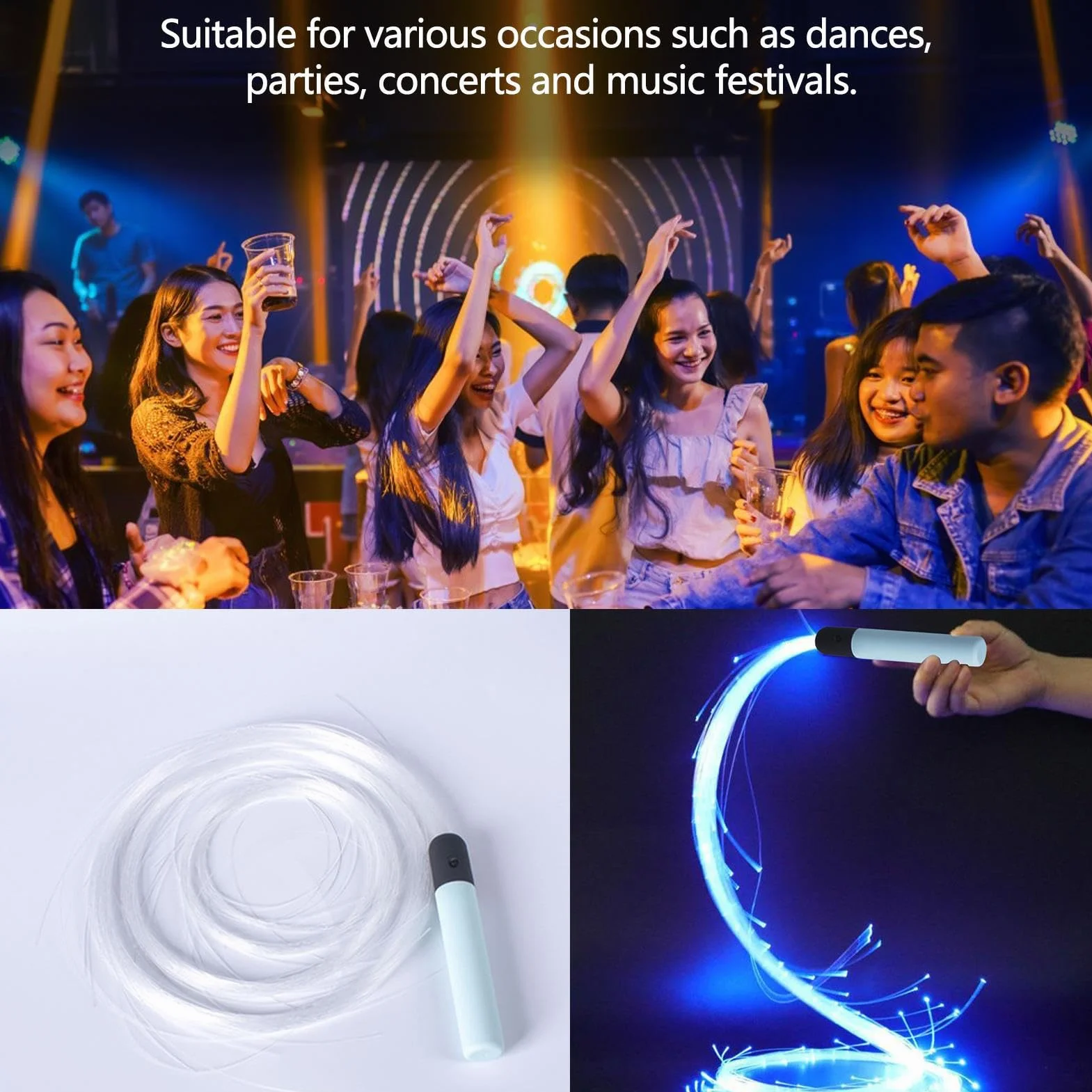 Fouet Fibre Optique LED Multicolor Lumineux Rotatif 360° Accessoire Danse Club