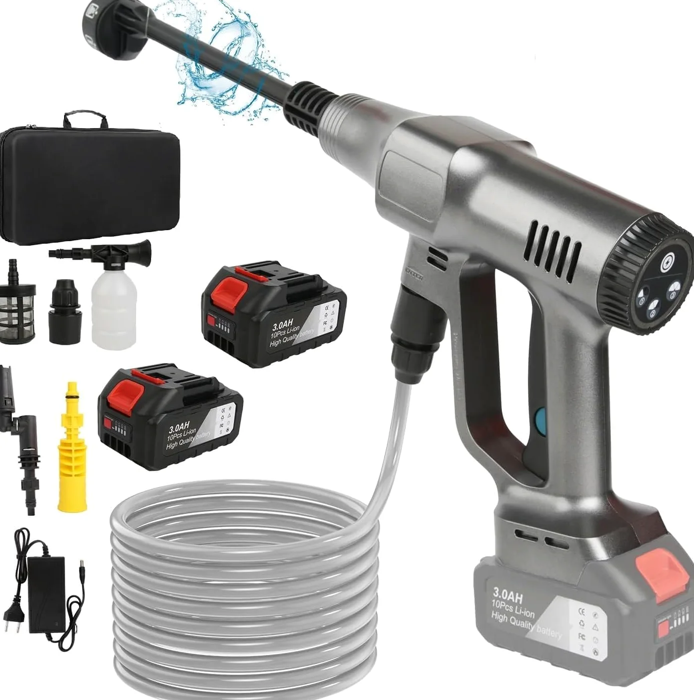 Limpiador de alta presión inalámbrico, 21 V Max 200 Bar Limpiador de alta presión con batería 6,0 Ah, Press & Clean Pistola de lavado con pantalla LCD de potencia y 3 velocidades (plata)