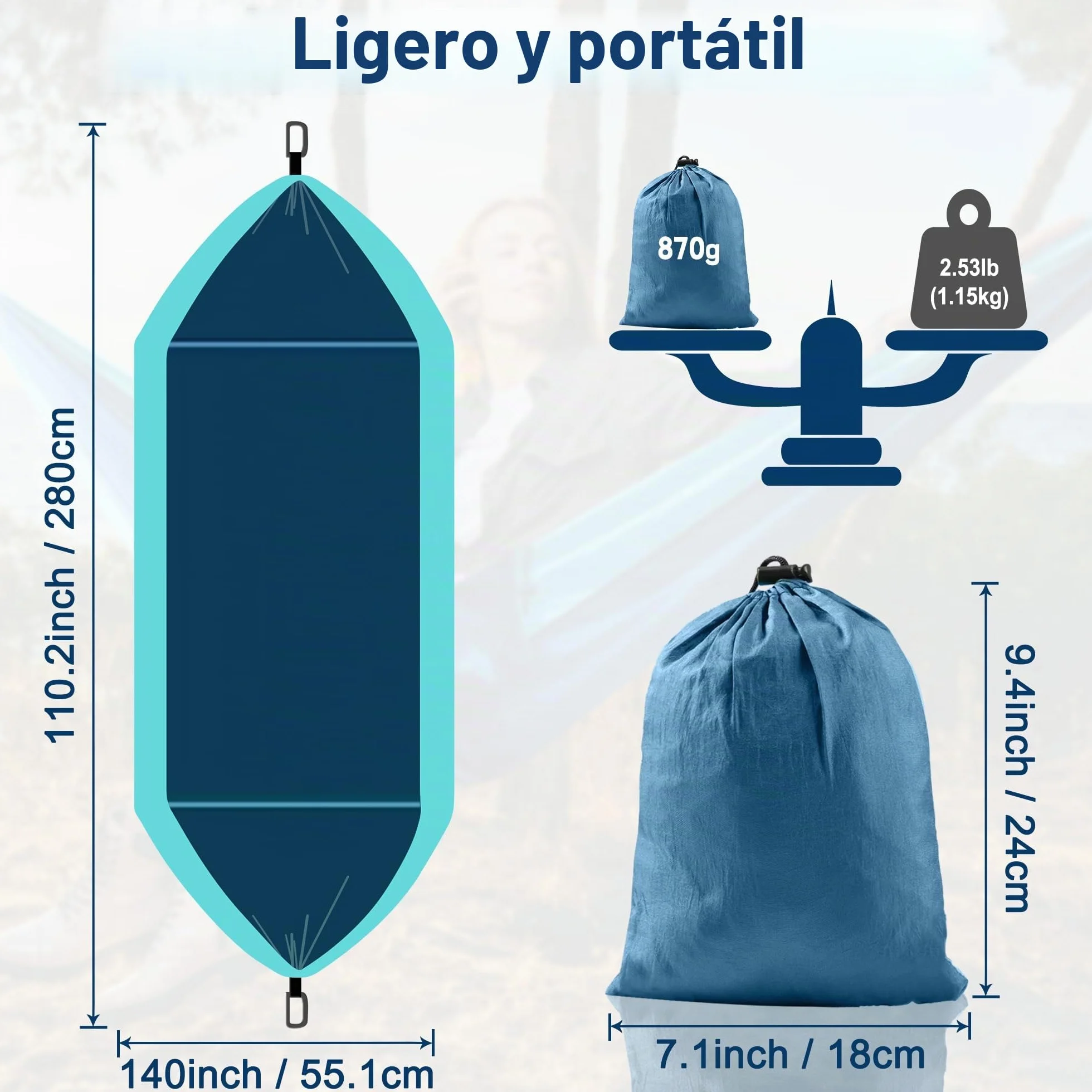 hamaca de camping al aire libre, hamacas de paracaídas portátiles superligeras con dos correas de árbol, nailon para árbol de viaje (azul lago, 280 x 140 cm)