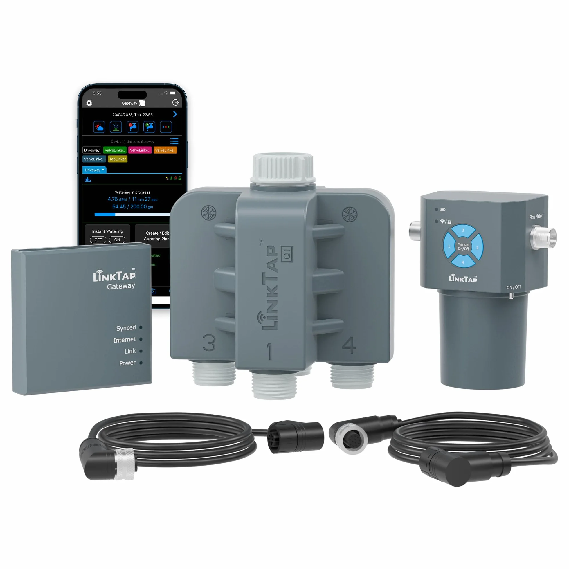 LinkTap Q1 Programador de Riego 4 Salidas y Gateway, 4 Caudalímetros, IP66 | Temporizador 4 Zonas Independientes, Riego Clima/Volumen/Tiempo, Detección Fallos y Fugas, Alimentación Flex, Anti-Helada
