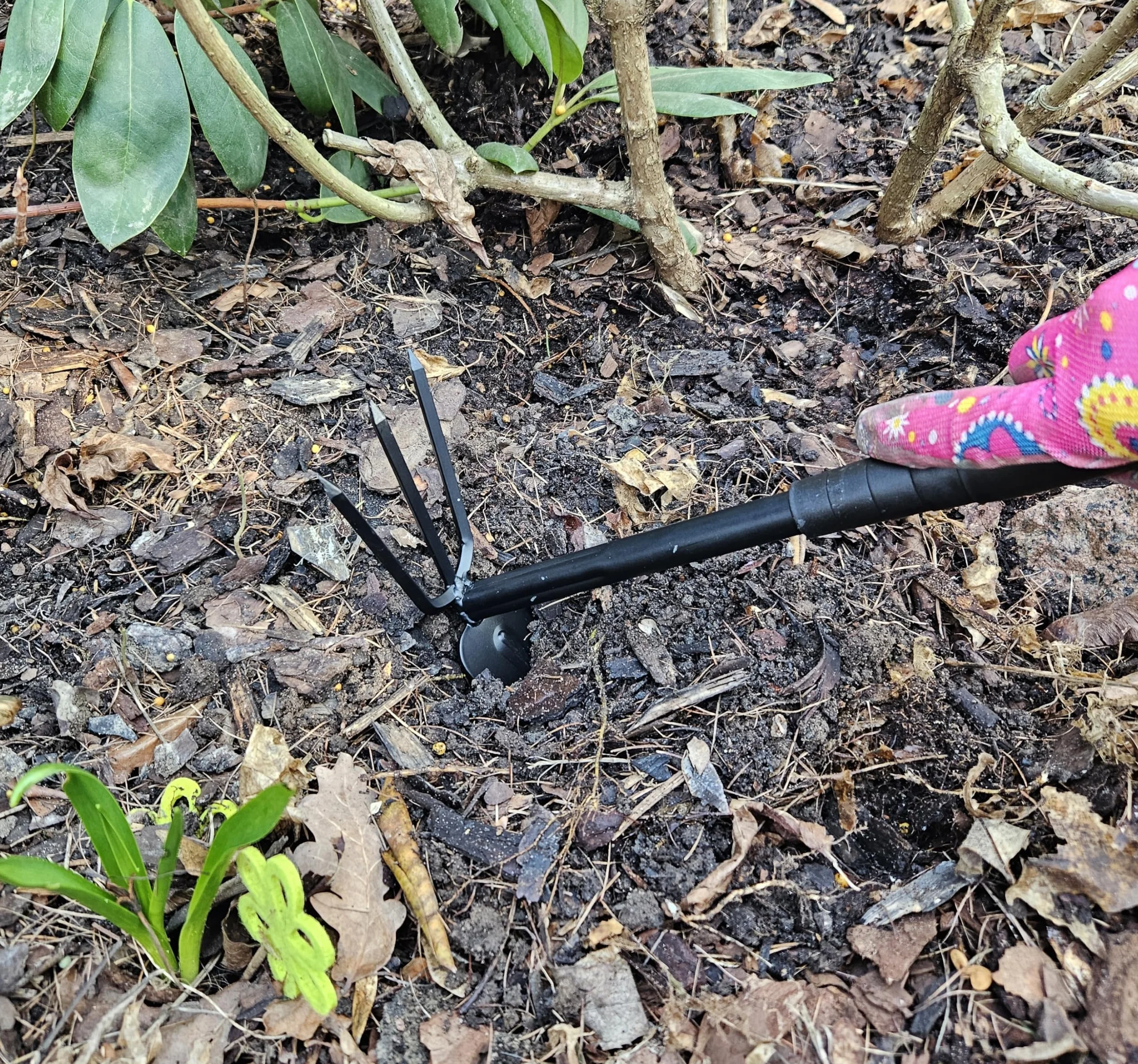Mivos Azada doble de jardín Tridente para deshuesar y desherbar el suelo - Doble azada con 3 dientes - Azada de dos cabezas de metal para trasplante - Ancho 7 cm
