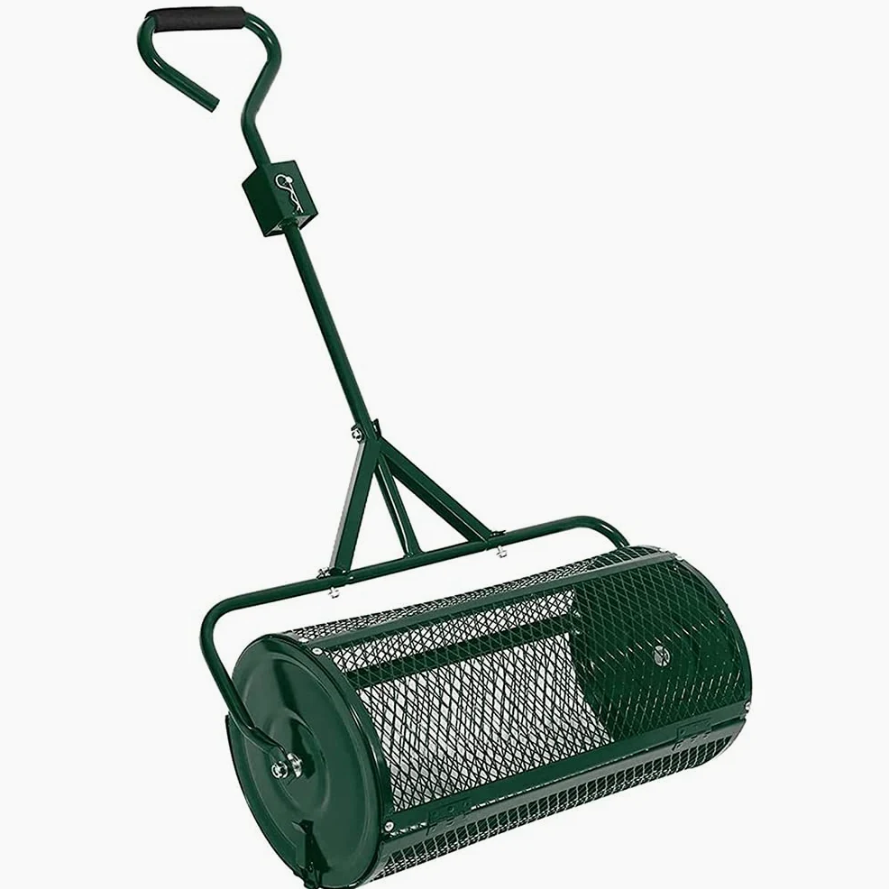 Esparcidores de jardín, esparcidor de rodillos de malla metálica resistente de 24 pulgadas, abono, musgo de turba, tierra superior, mantillo para jardín y cuidado del césped, esparcidor de abono