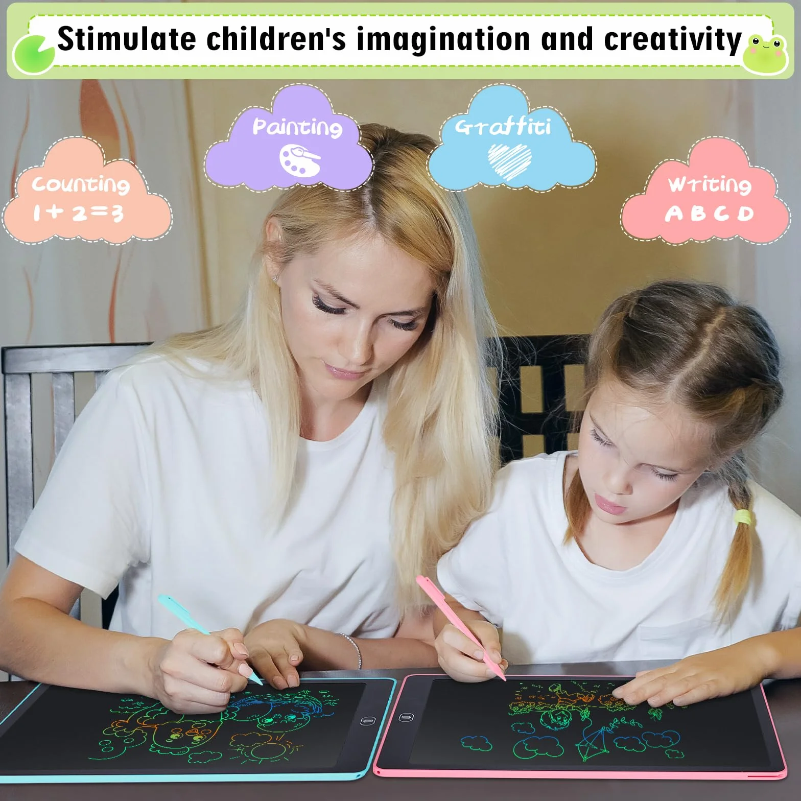 Tableta de Escritura LCD 15 Pulgadas, 2 PCS, Tablero de Dibujo Electrónico con Pantalla Colorida, Cuaderno Borrable, Pegatinas de Animales, para Niños 3-6 Años, Azul + Rosa