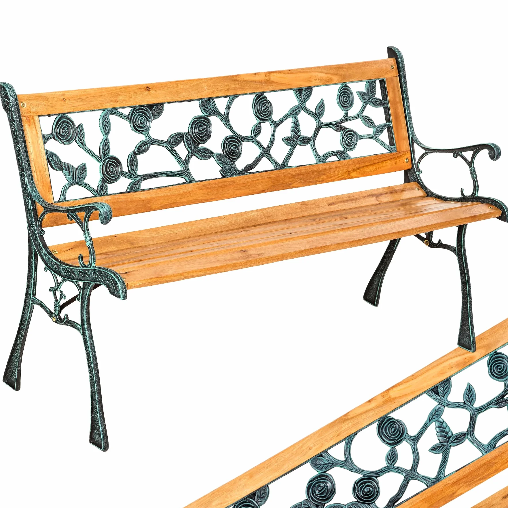 Tectake Banco de Jardín Exterior Madera Lacada Hierro Fundido Floral