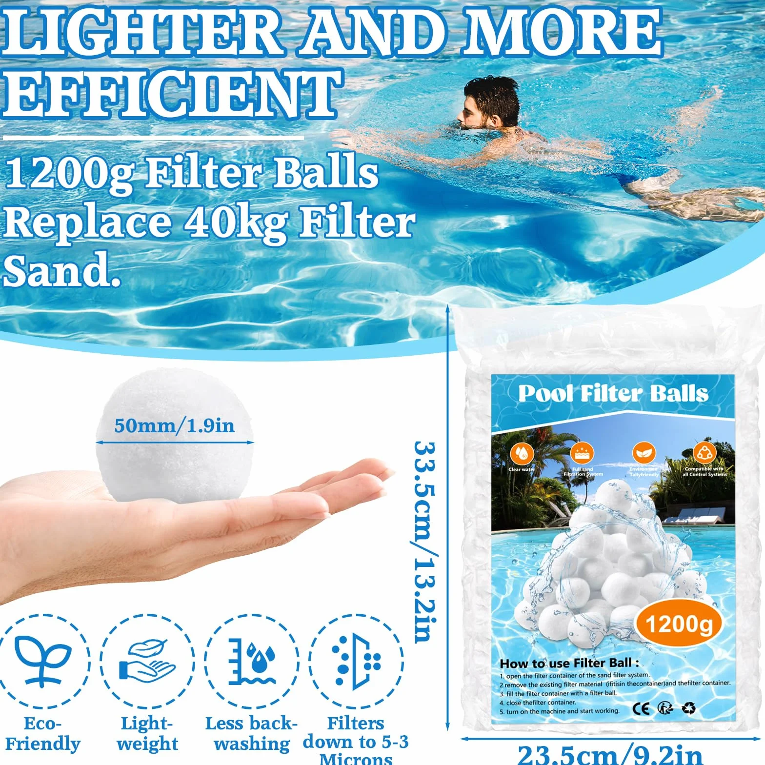 1200 g Bolas Filtro Piscina, Bolas Depuradora Piscina Bola de Filtro de Piscina para Sistemas de Filtro de Arena, Reemplaza 40kg Arena de Filtro, Limpiador de Piscinas Sistema de Filtro